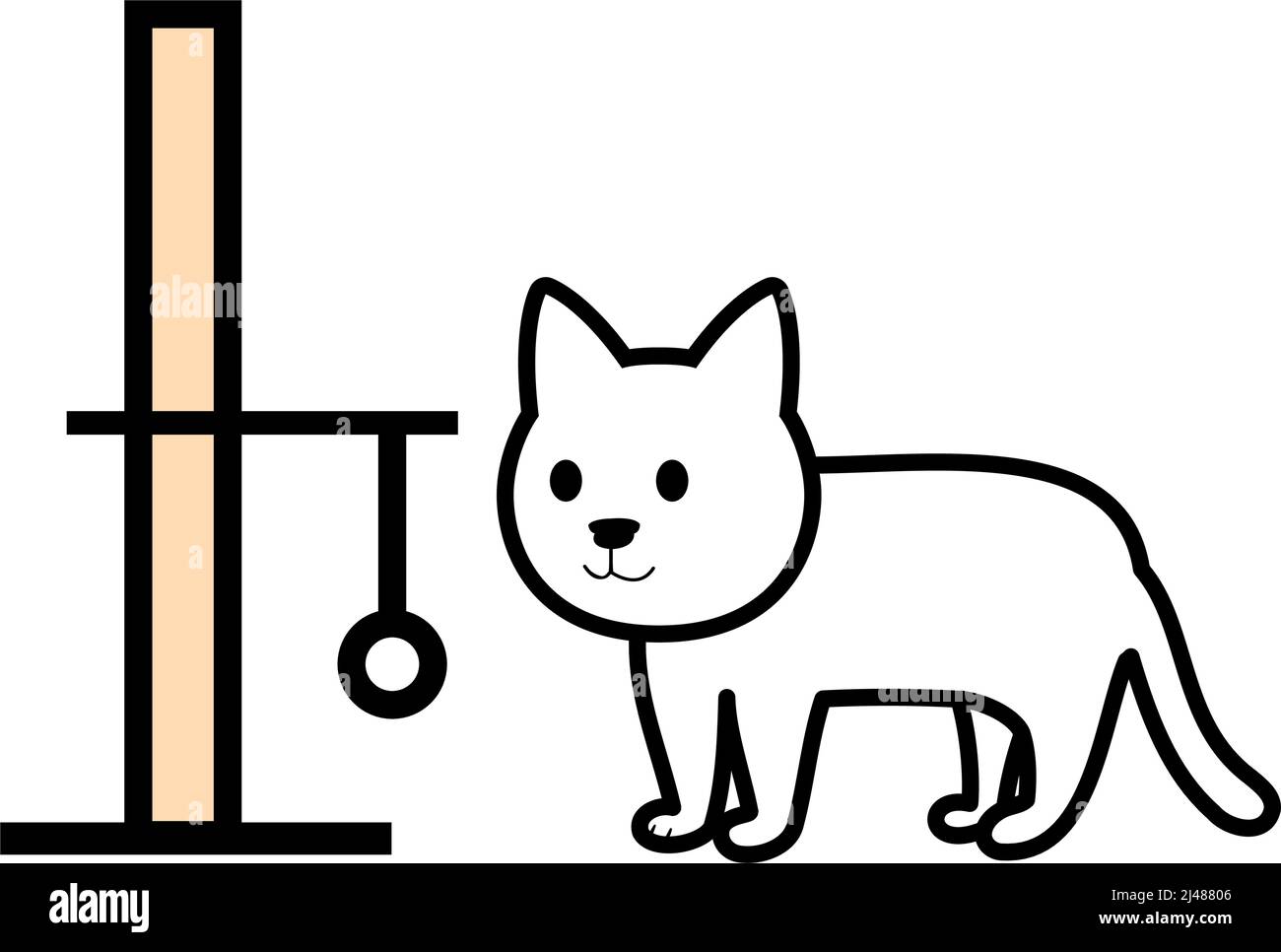 Eine Ikone einer weißen Katze neben einem Kratzer, ein Katzenbaum mit weißem Hintergrund Stockfoto