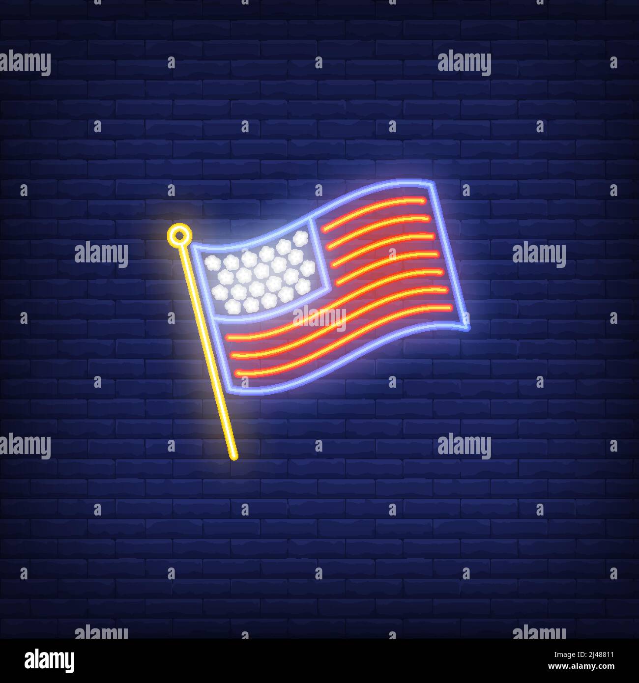 USA Flagge auf Backstein Hintergrund. Neon-Stil Illustration. USA Symbol, Land, Amerika. USA-Banner. Für Patriotismus, Reisen, nationale Kultur Stock Vektor