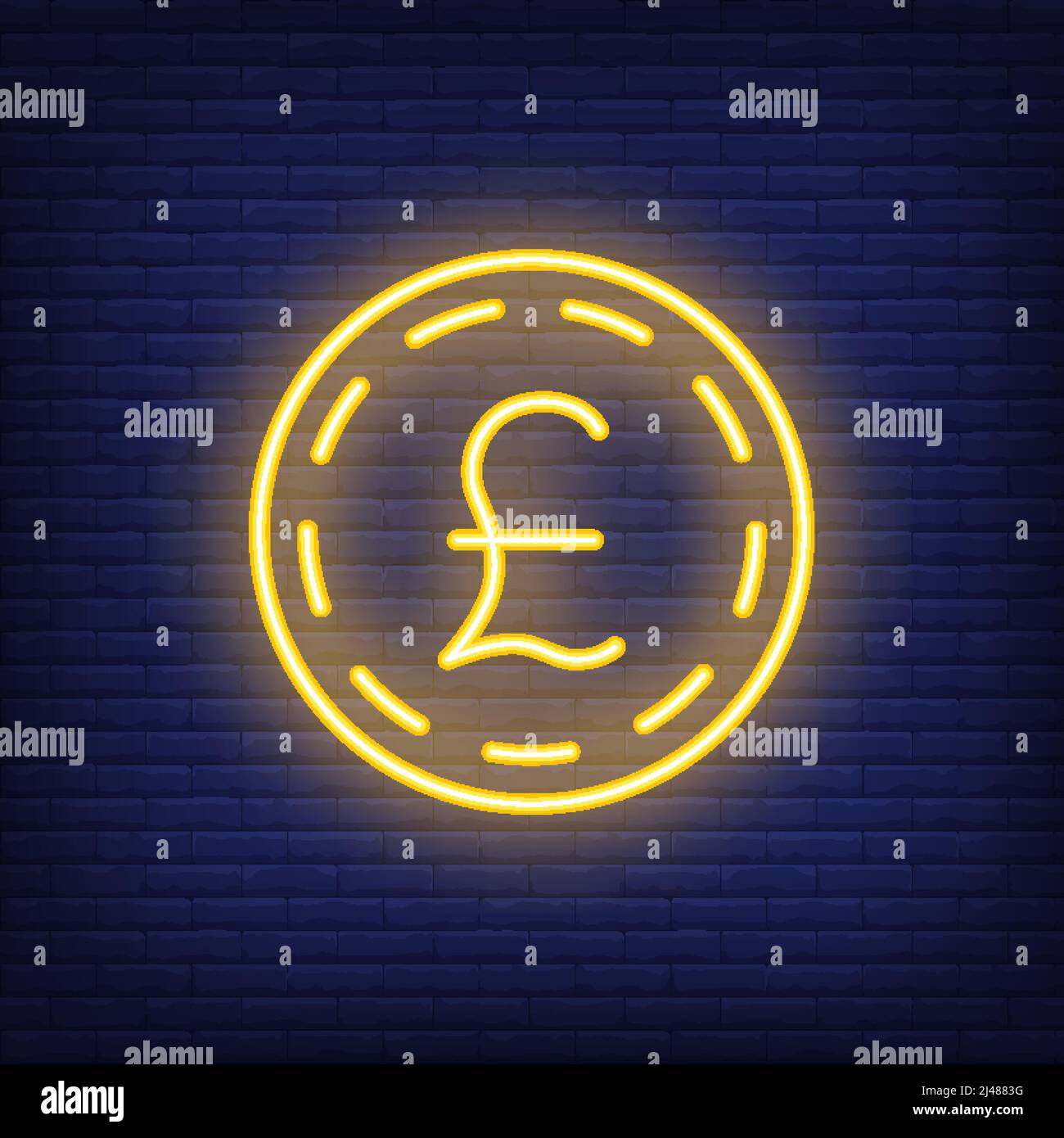 Pfund Sterling Münze auf Backstein Hintergrund. Neon-Stil Illustration. Geld, Bargeld, Wechselkurs. Währungs-Banner. Für Finanzen, Banken, nationale Währung Stock Vektor