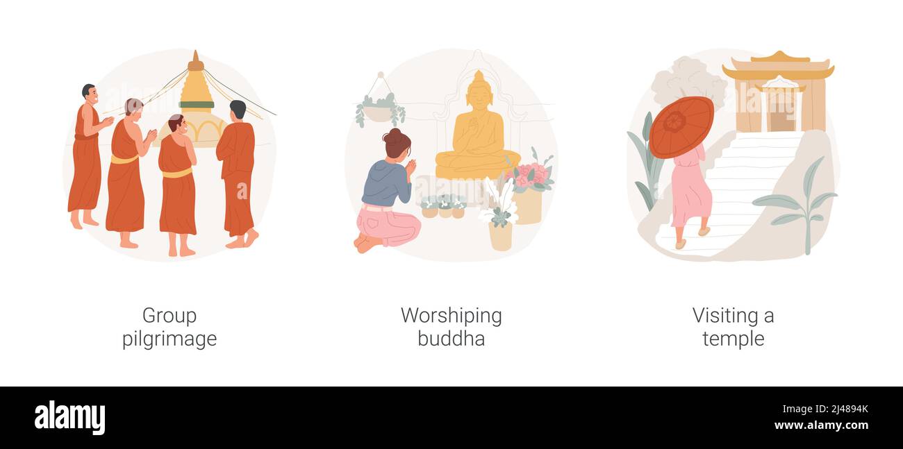 Buddhistische Pilgerfahrt isoliert Cartoon Vektor Illustration Set. Gruppe von glücklichen buddhistischen Menschen, die zusammen pilgern, Buddha anbeten, Touristen, die einen Tempel besuchen, heilige Stätte Vektor-Cartoon. Stock Vektor