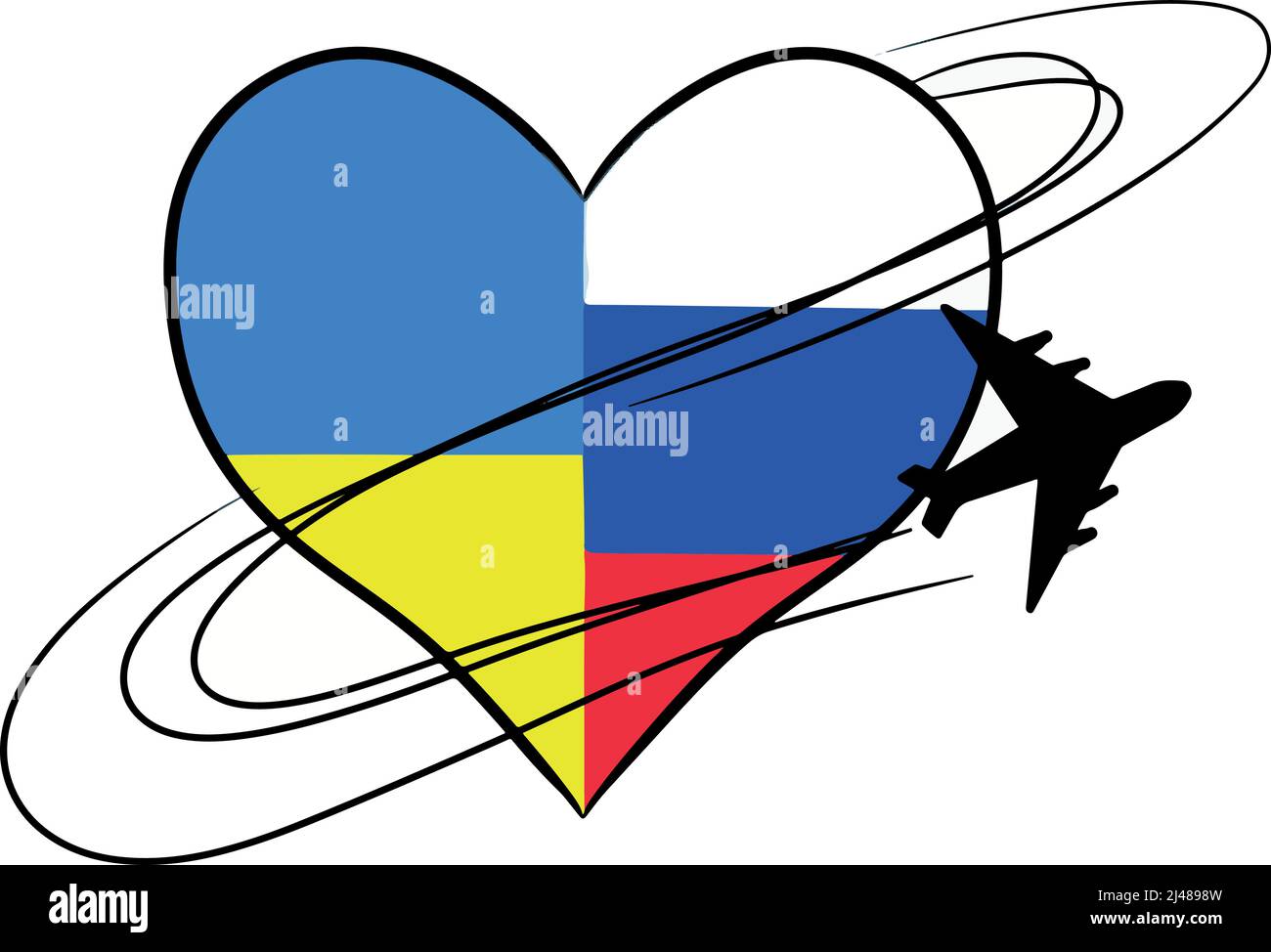 Krieg in der Ukraine.Herz-die Farbe der Flagge der Ukraine und Russland, vor dem Hintergrund eines Kämpfers.das Konzept des Friedens zwischen Russland und der Ukraine. Stock Vektor