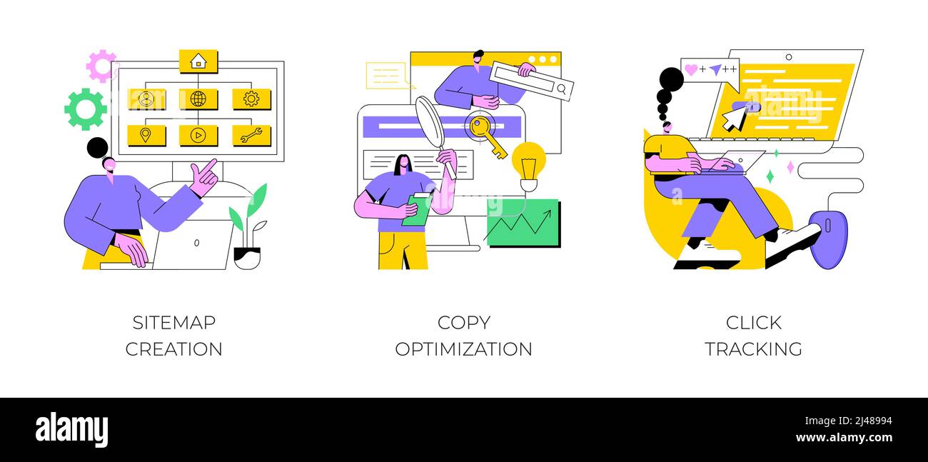 Website-Optimierung abstraktes Konzept Vektor Illustration Set. Sitemap-Erstellung, Kopieroptimierung, Click-Tracking, SEO-Analyse-Software, Online-Geschäft, Zielschlüsselwort, abstrakte Metapher für Webtext. Stock Vektor