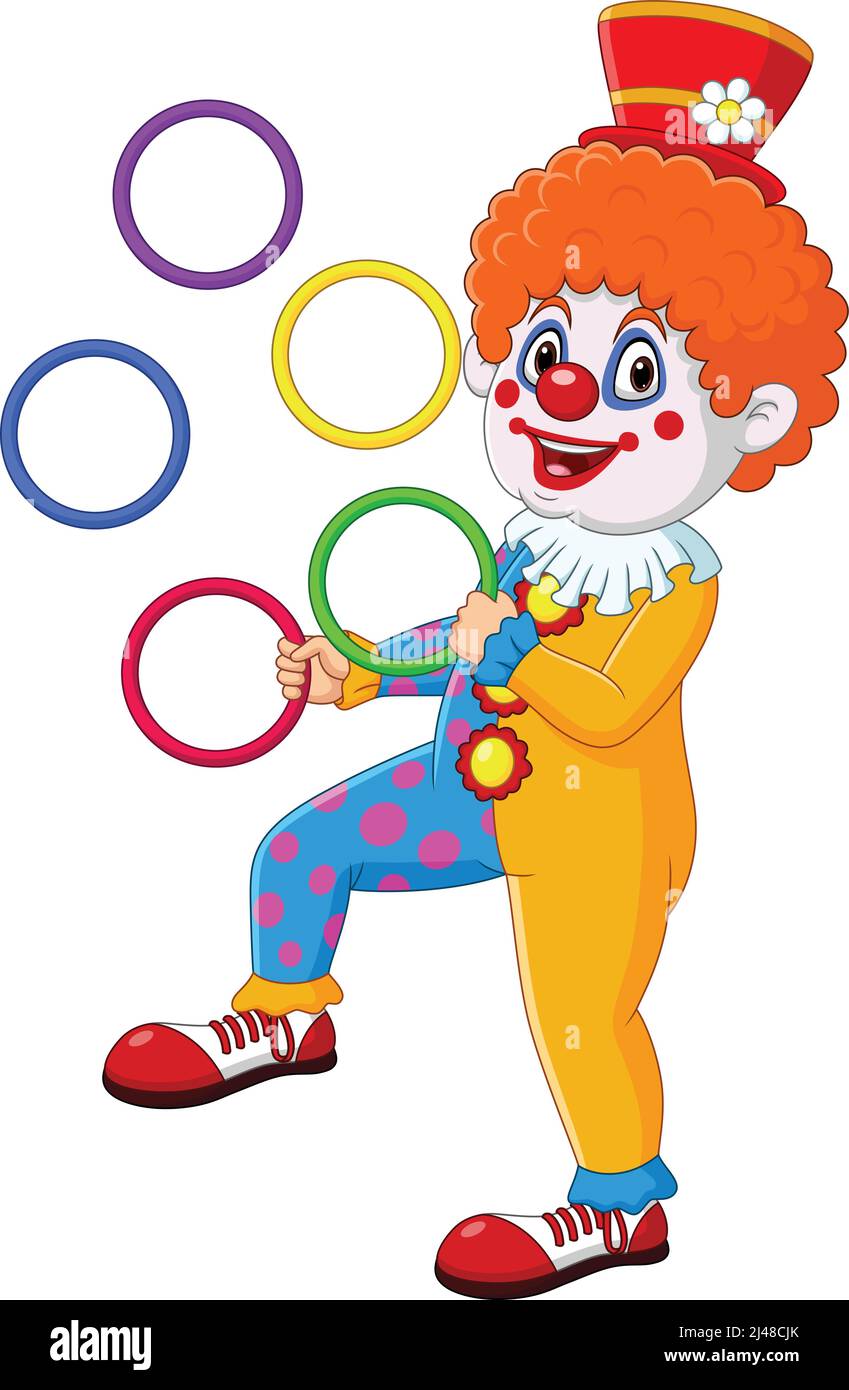 Cartoon Clown jongliert mit bunten Ringen Stock Vektor