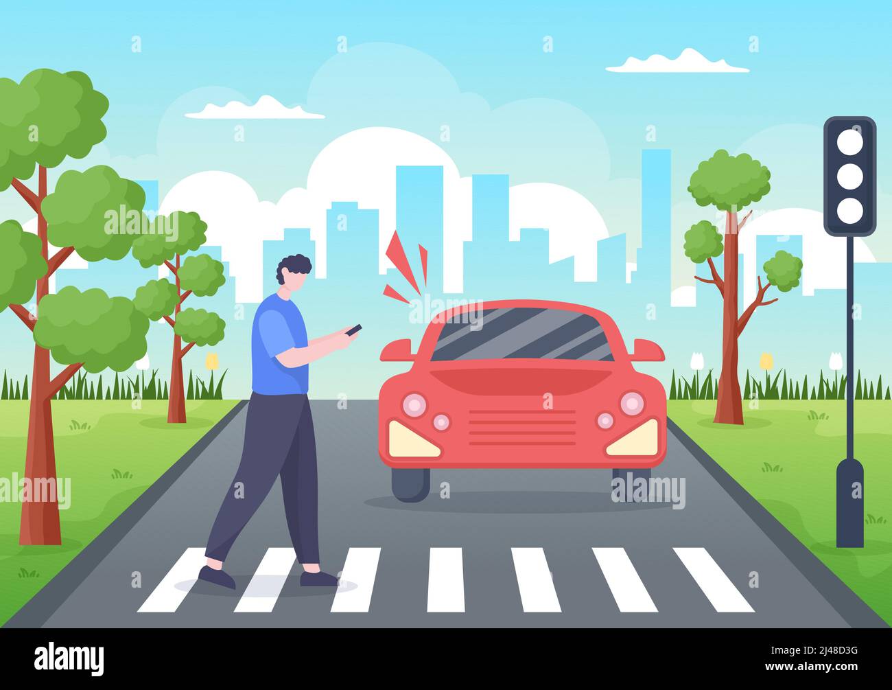 Autounfall Hintergrund Illustration mit zwei Autos kollidieren oder schlagen etwas auf der Straße verursacht Schäden in Cartoon Flat Style Stock Vektor