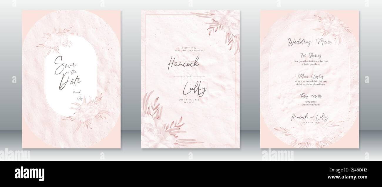 Hochzeit Einladungskarte Vorlage elegant von rosa Aquarell Hintergrund und Rosenstrauß Stock Vektor