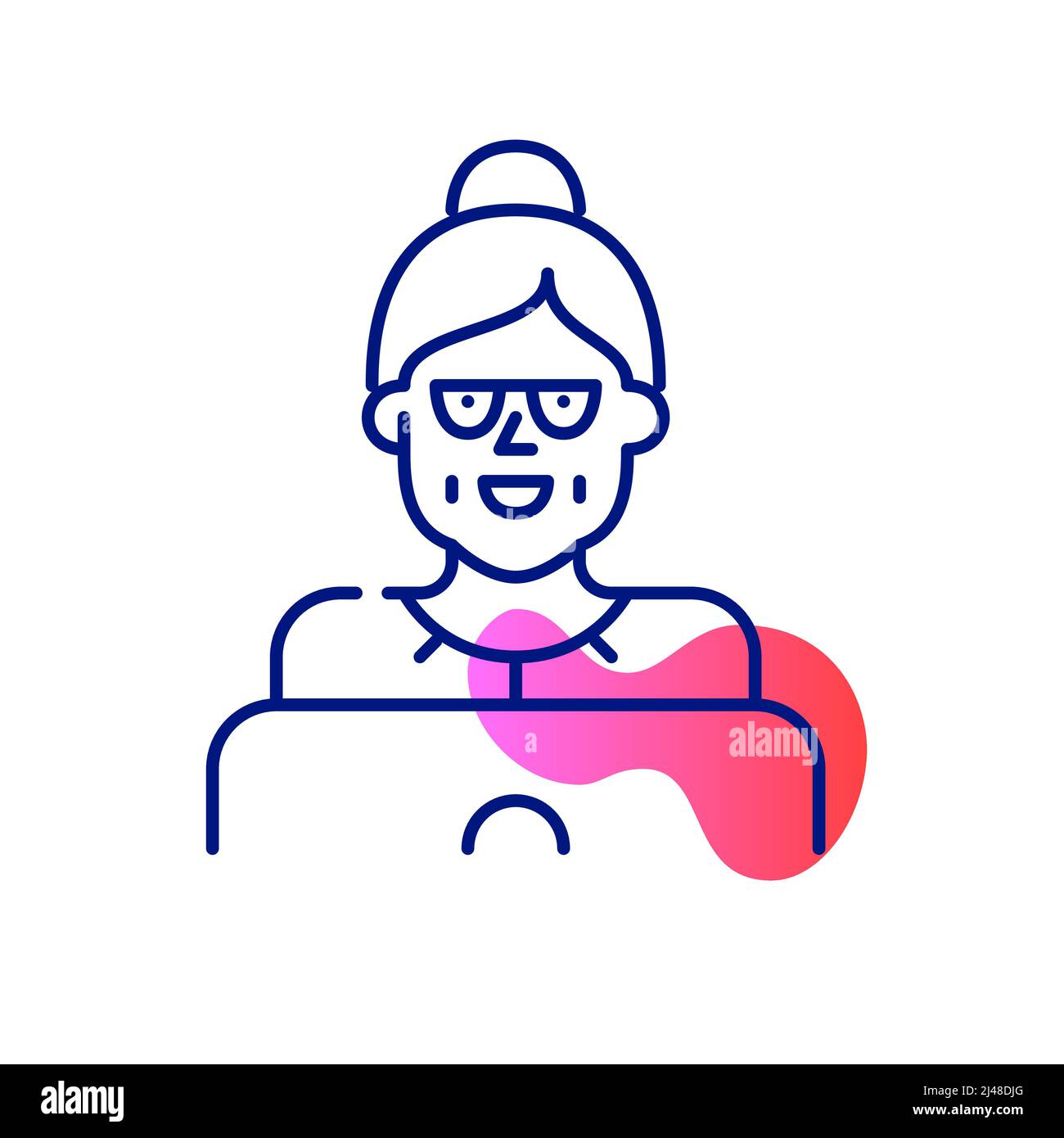 Oma trägt eine Brille und chattet in den sozialen Medien an einem Laptop. Pixel-perfektes, bearbeitbares Strichliniensymbol Stock Vektor