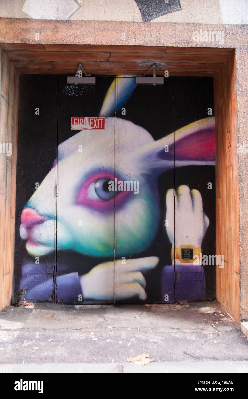 Ein enignmatisches Kaninchenmotiv zeichnet ein Street Art Wandbild in Strachan Lane, Melbourne, Australien aus Stockfoto