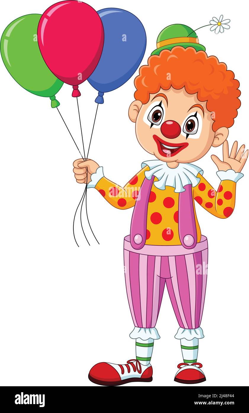 Cartoon glücklich Clown hält bunte Luftballons Stock Vektor