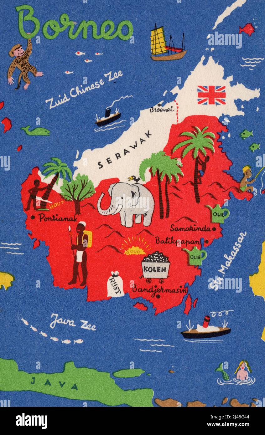 Karte der Insel Borneo, ca. 1940s Vintage-Postkarte. Unbekannter Künstler Stockfoto