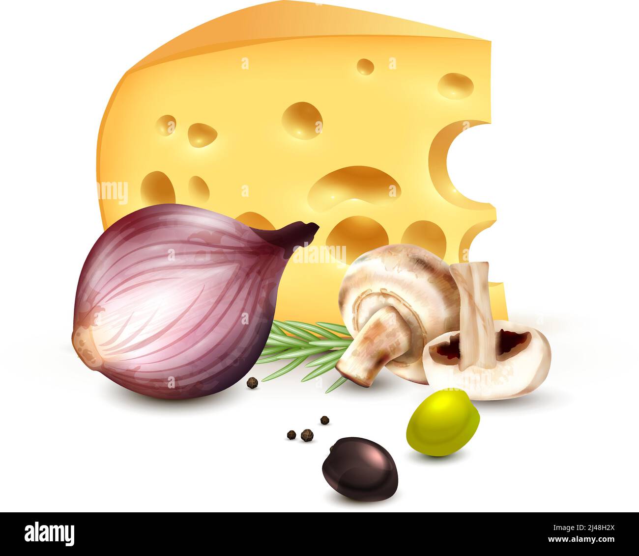 Käse mit roten Zwiebelchampignons Rosmarin und Oliven Realistische mediterrane kulinarische Hintergrund Poster Vektor Illustration Stock Vektor