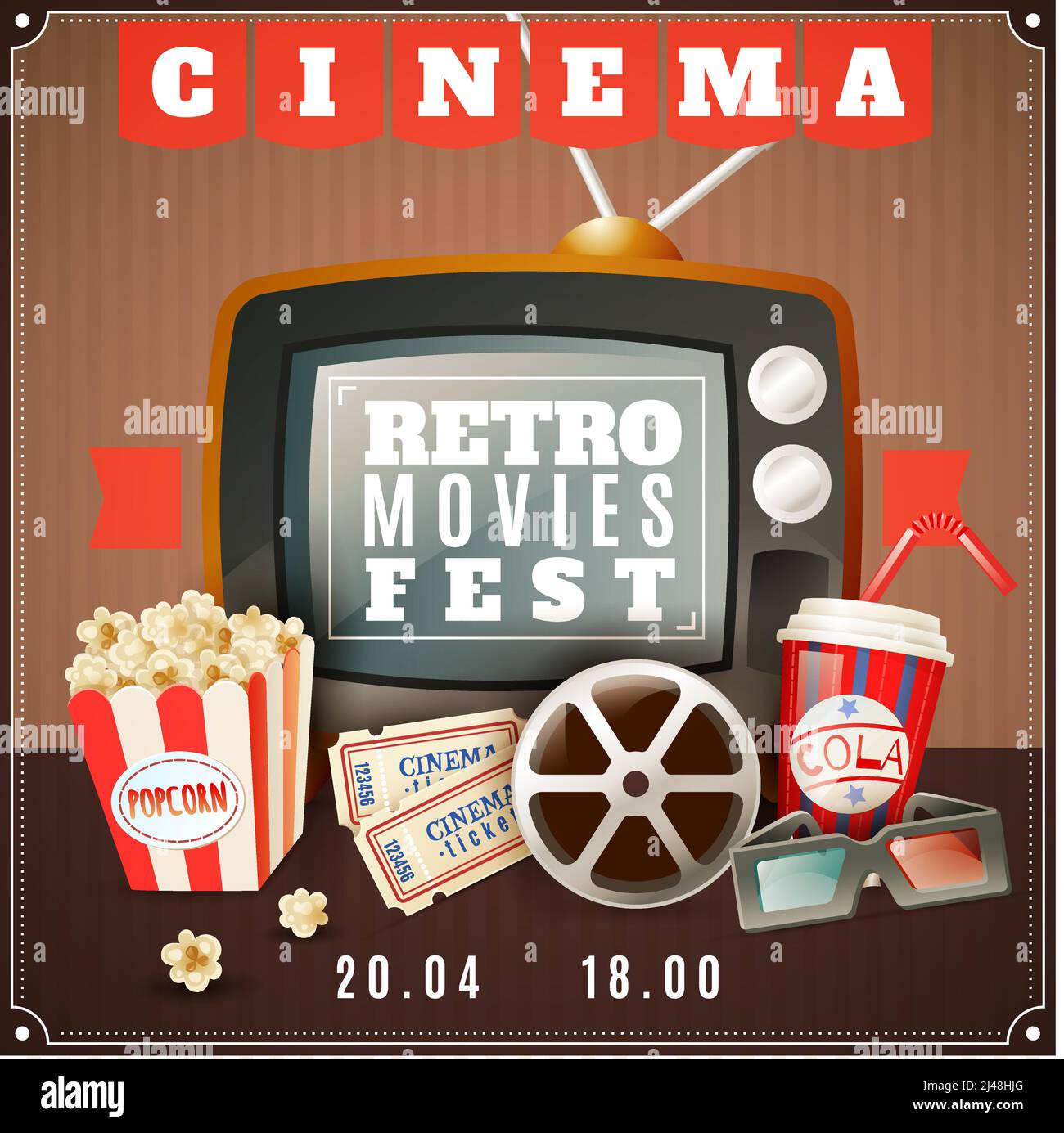 Retro Filme Festival Ankündigungsplakat mit alten tv 3D Gläser Und klassische Kino-Attribute Vektor-Illustration Stock Vektor