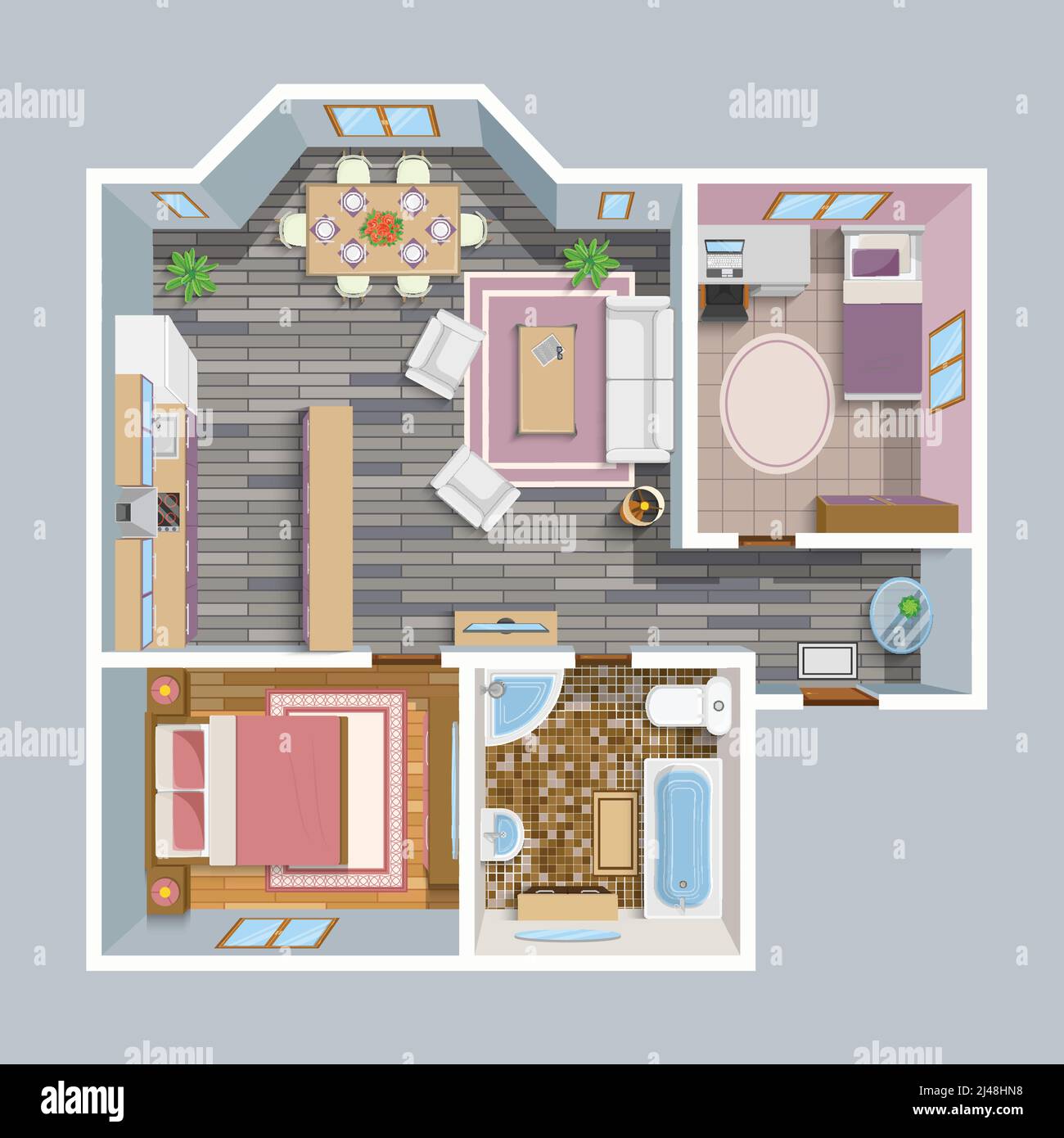 Architektonischer Flachplan Draufsicht mit Wohnzimmer Bad Küche Und Lounge Möbel Vektor Illustration Stock Vektor