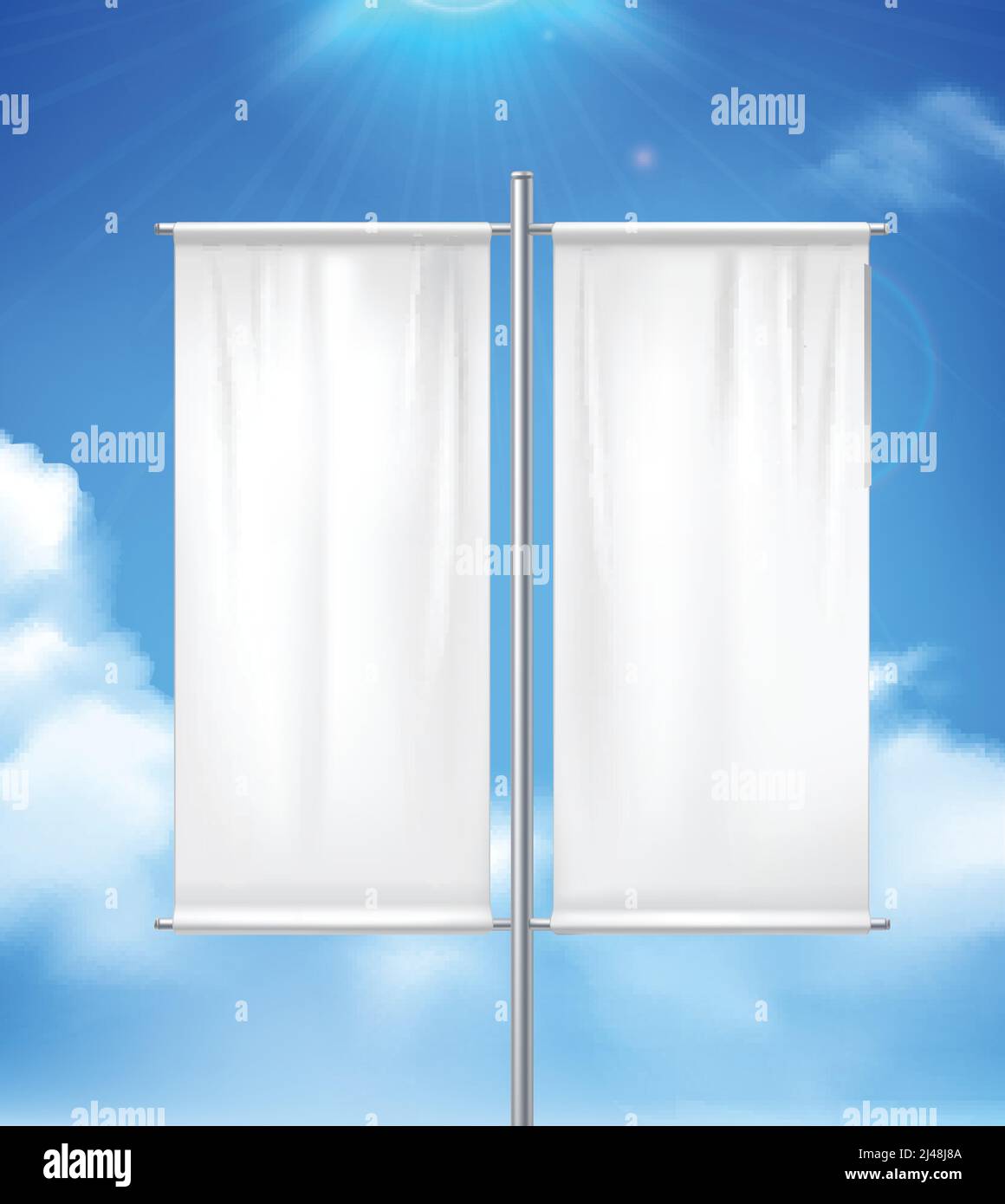 Weiße leere realistische Doppelpol Banner Werbung Flagge im Freien mit Blau sonnig bewölkt Himmel Hintergrund Vektor-Illustration Stock Vektor
