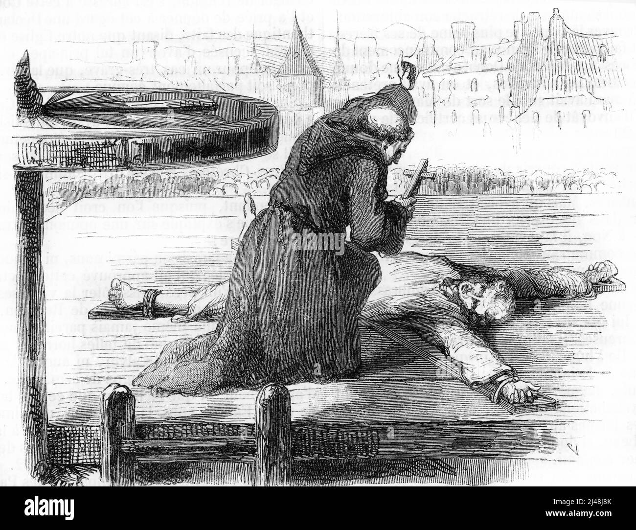 Affaire Calas : Jean Calas condamne au supplice de la roue le 9 mars 1762 pour le meurtre de son fils Marc Antoine, Toulouse (Calas-Affäre: Jean Calas wegen des Mordes an seinem Sohn verurteilt, 9.. märz 1762) Tiefdruck tiree de 'causes camebres' Collection privee Stockfoto