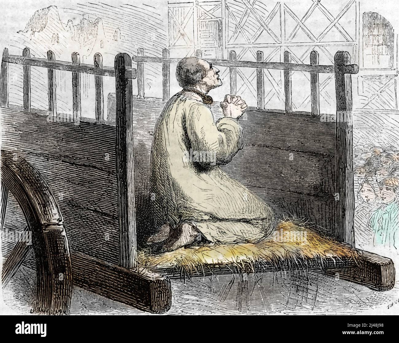Affaire Calas : Jean Calas condamne au supplice de la roue le 9 mars 1762 pour le meurtre de son fils Marc Antoine, Toulouse (Calas-Affäre: Jean Calas wegen des Mordes an seinem Sohn verurteilt, 9.. märz 1762) Tiefdruck tiree de 'causes camebres' Collection privee Stockfoto