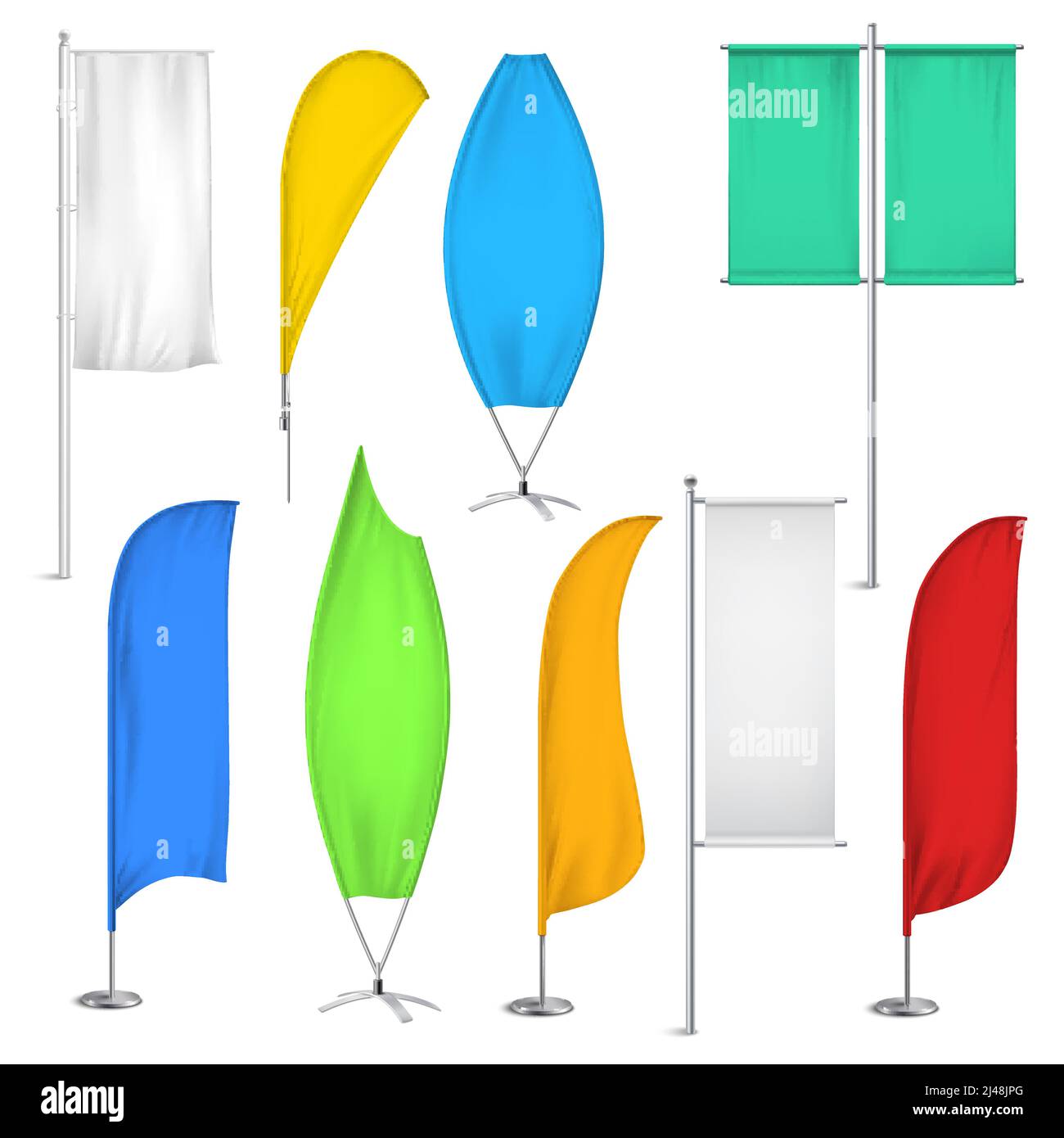 Farbige realistische Werbeflaggen und Banner Symbol für gesetzt Lage in der Nähe von Geschäften Vektorgrafik Stock Vektor
