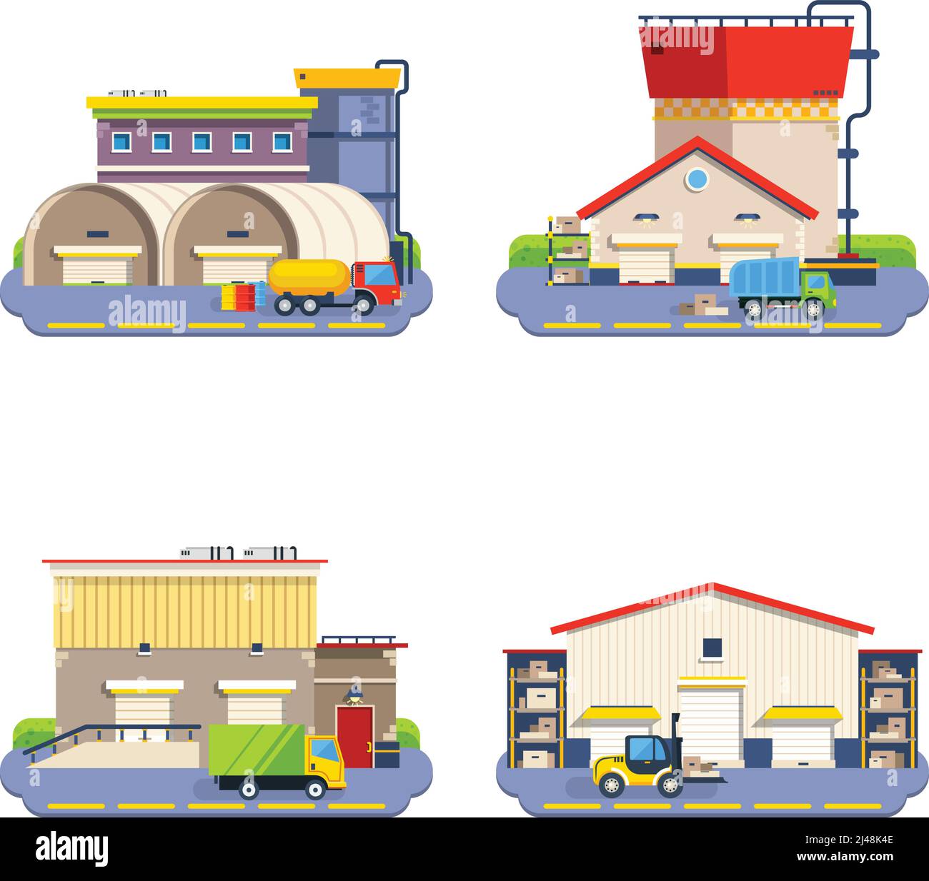 Lagergebäude unterschiedlicher Größe und Form mit Transport für Flache Symbole für Warenlieferung auf weißem Hintergrund isoliert Vektor gesetzt Abbildung Stock Vektor