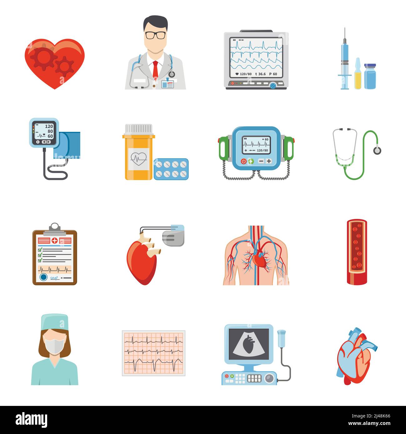 Kardiologie flache Symbole Satz von medizinischen Werkzeugen und Geräten für Herzpflege und Behandlung auf weißem Hintergrund isolierte Vektordarstellung Stock Vektor