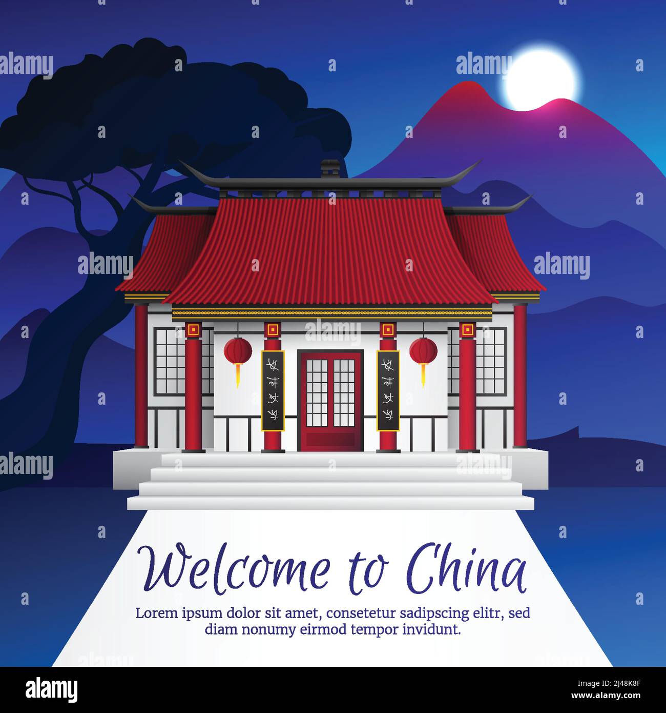 Schöne Nacht china Landschaft mit Bergen Mond und Haus in Flache Vektorgrafik im traditionellen Stil Stock Vektor