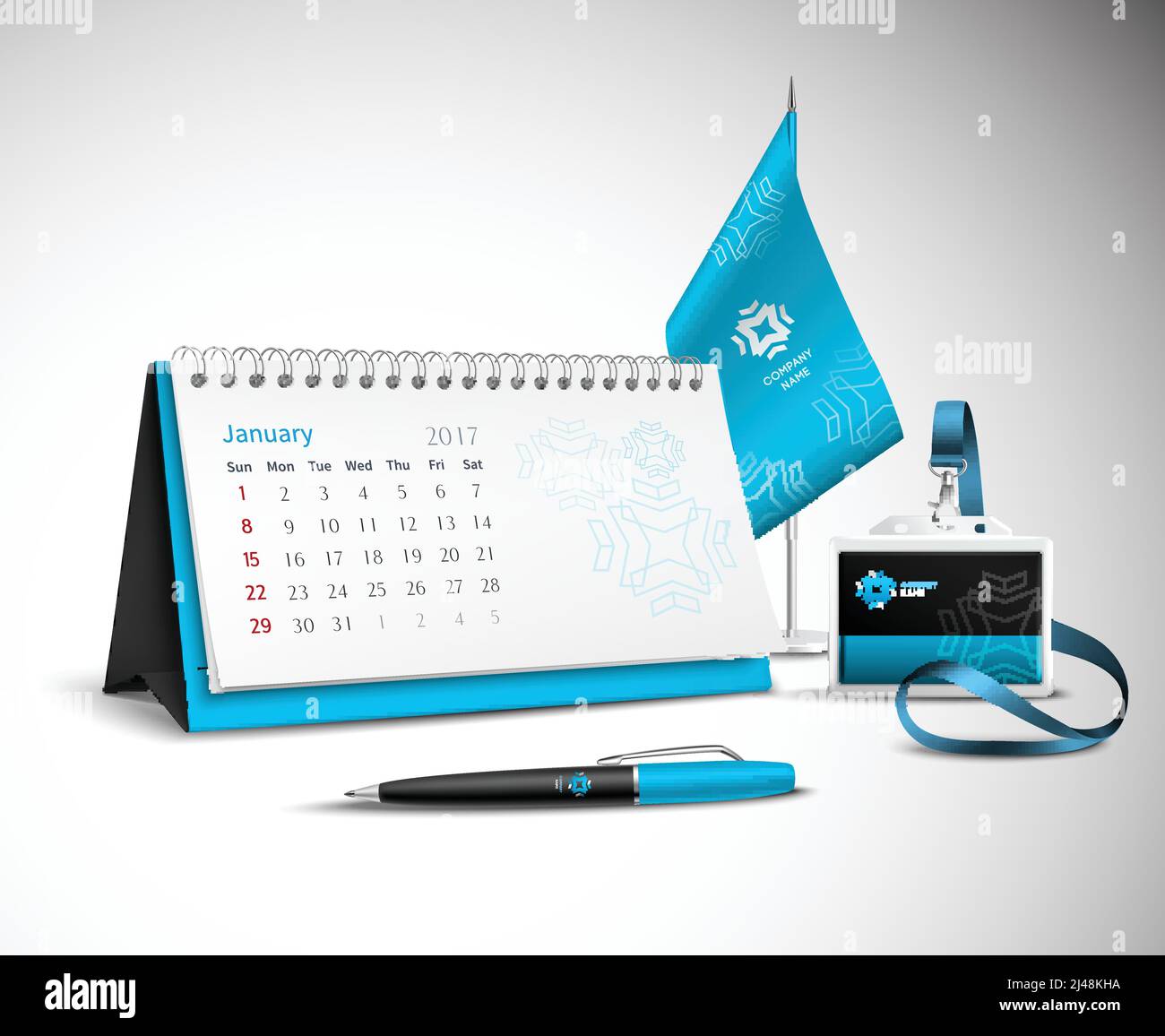 Kalender Stift Flagge und Abzeichen Corporate Identity Mockup Satz Blaue Farbe für Ihr Design auf hellem Hintergrund realistische Vektor Abbildung Stock Vektor