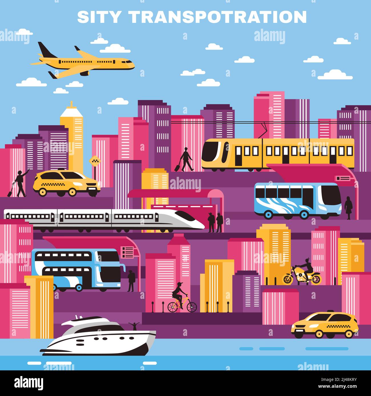 Stadthintergrund mit Wolkenkratzern und Stadtverkehr so wie gelb Taxis Straßenbahn Wasser Transport flache Vektor-Illustration Stock Vektor