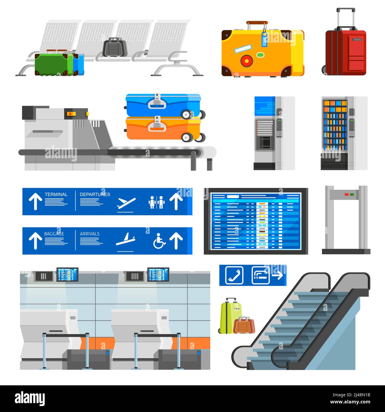 Flughafen-Interieur flache Farbe dekorative Ikonen mit portmanteaus Koffer gesetzt Kontrollpunkt Zeitplan Anzeigetafel Rolltreppe isoliert Vektor Illustration Stock Vektor