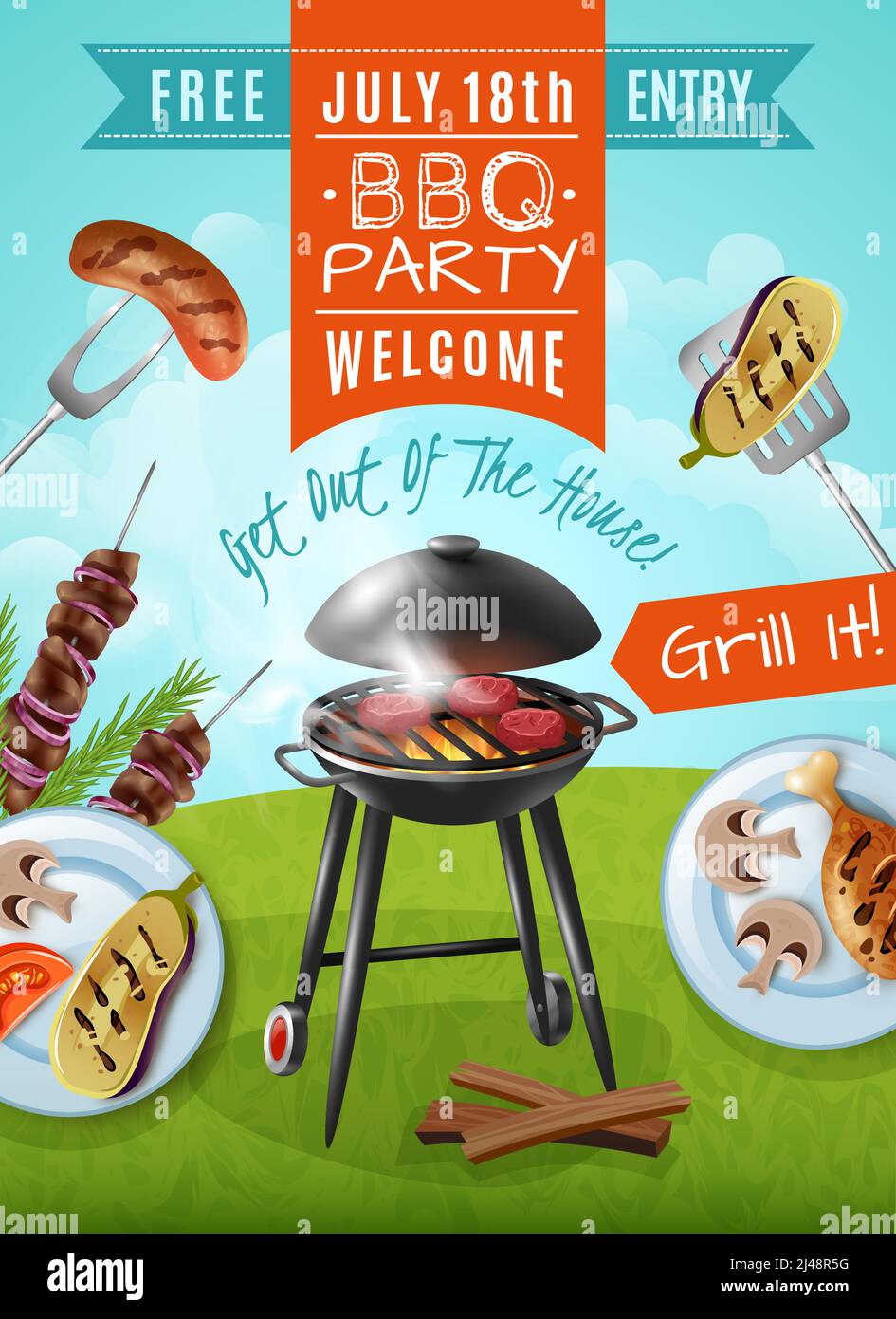 Grillparty Poster mit Steaks auf Grill, Teller mit Huhn und Gemüse, Fleisch auf Spieße Vektor-Illustration Stock Vektor