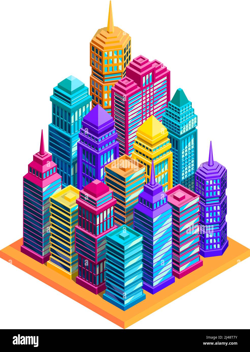 Stadtgebäude Konzept mit hellen Wolkenkratzern und Straße isometrischen Vektor Abbildung Stock Vektor