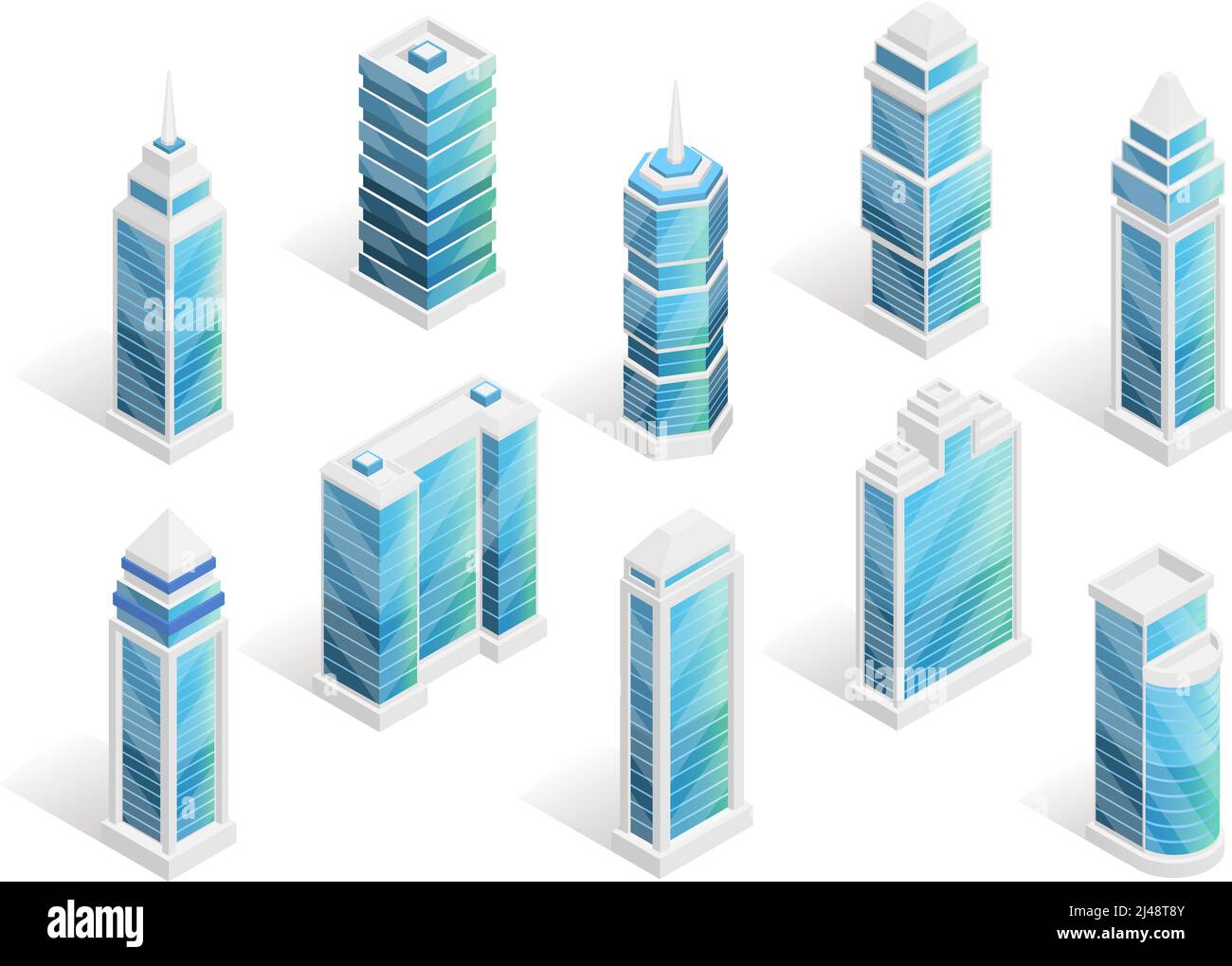Stadthäuser isometrischen Satz mit modernen Gebäuden isoliert Vektor-Illustration Stock Vektor