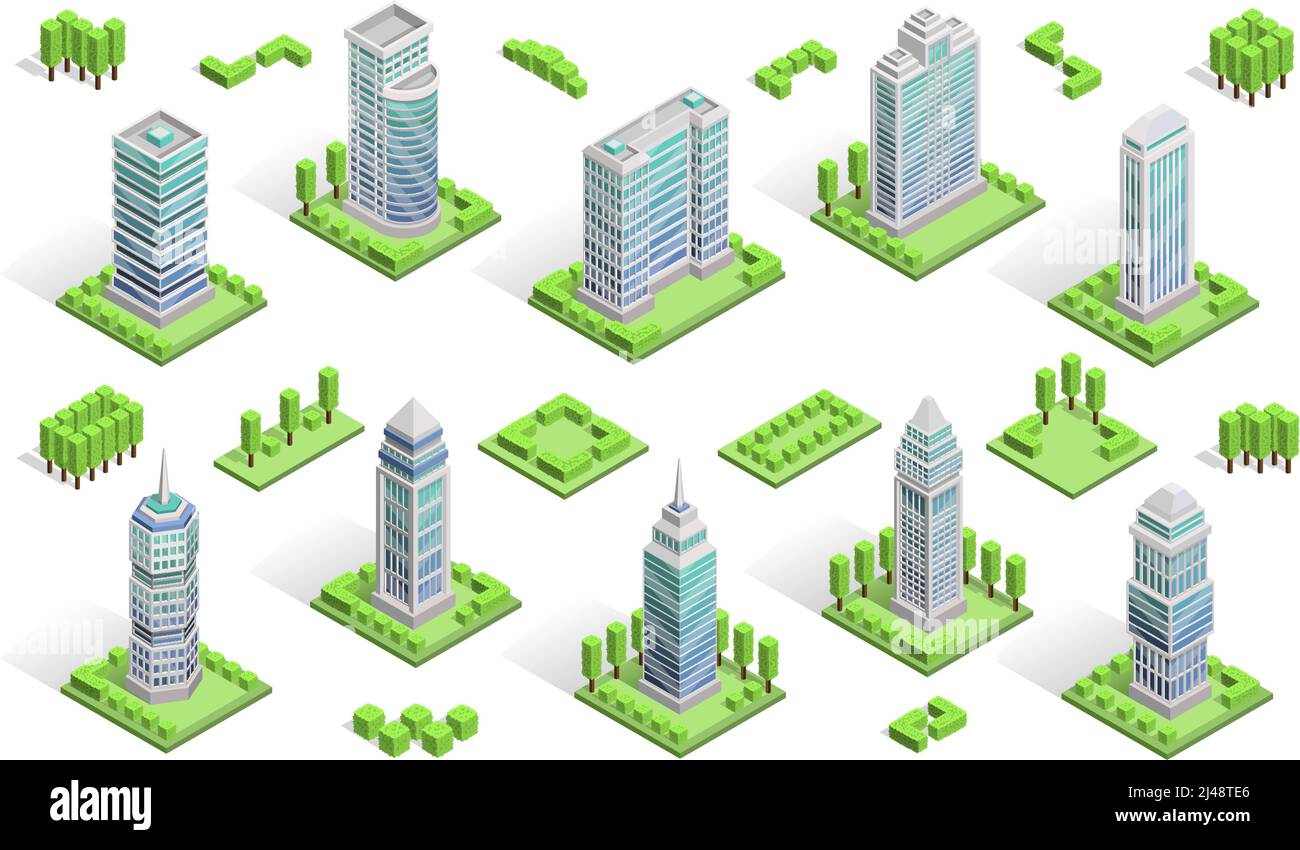 Stadt Häuser isometrische Zusammensetzung mit Wolkenkratzern isoliert Vektor-Illustration Stock Vektor