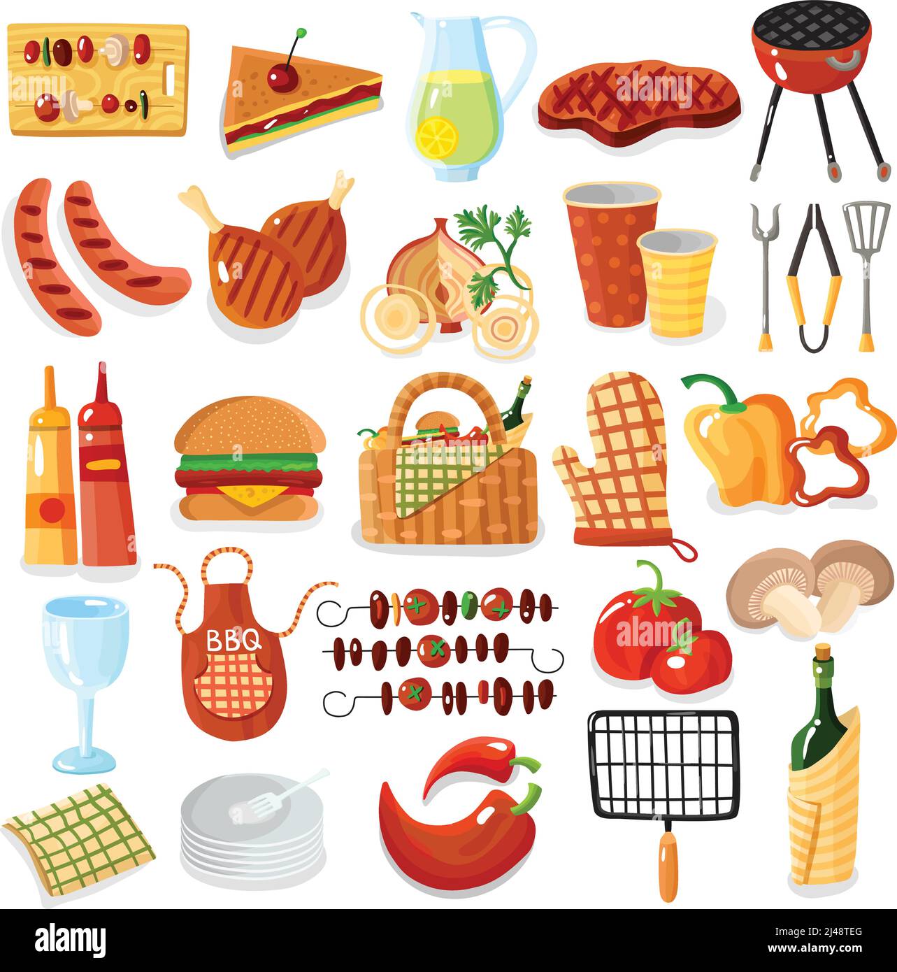 Grill Picknick Zubehör stilvolle bunte große Symbole Set mit Schürze Gegrilltes Fleisch Gemüse Getränke isoliert Vektor-Illustration Stock Vektor