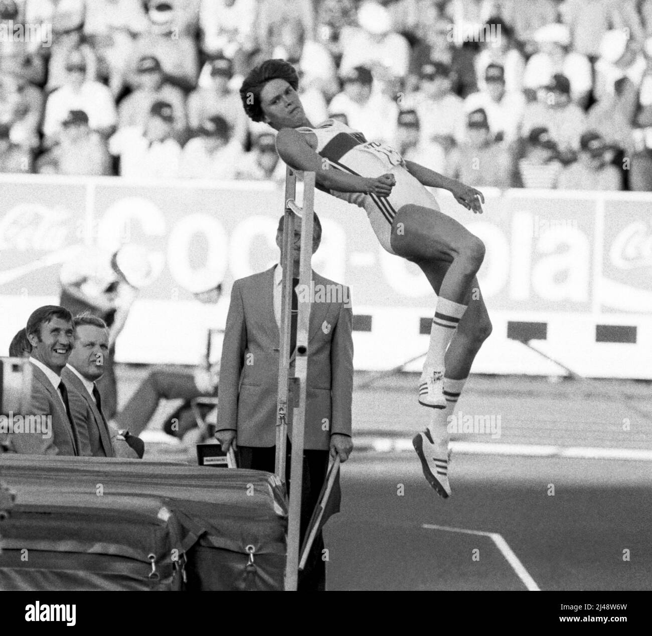 Ulrike Meyfahrt FRG Hochsprungathletin auf IAAF-Weltmeisterschiff in Helsinki Finnland 1983. august Stockfoto