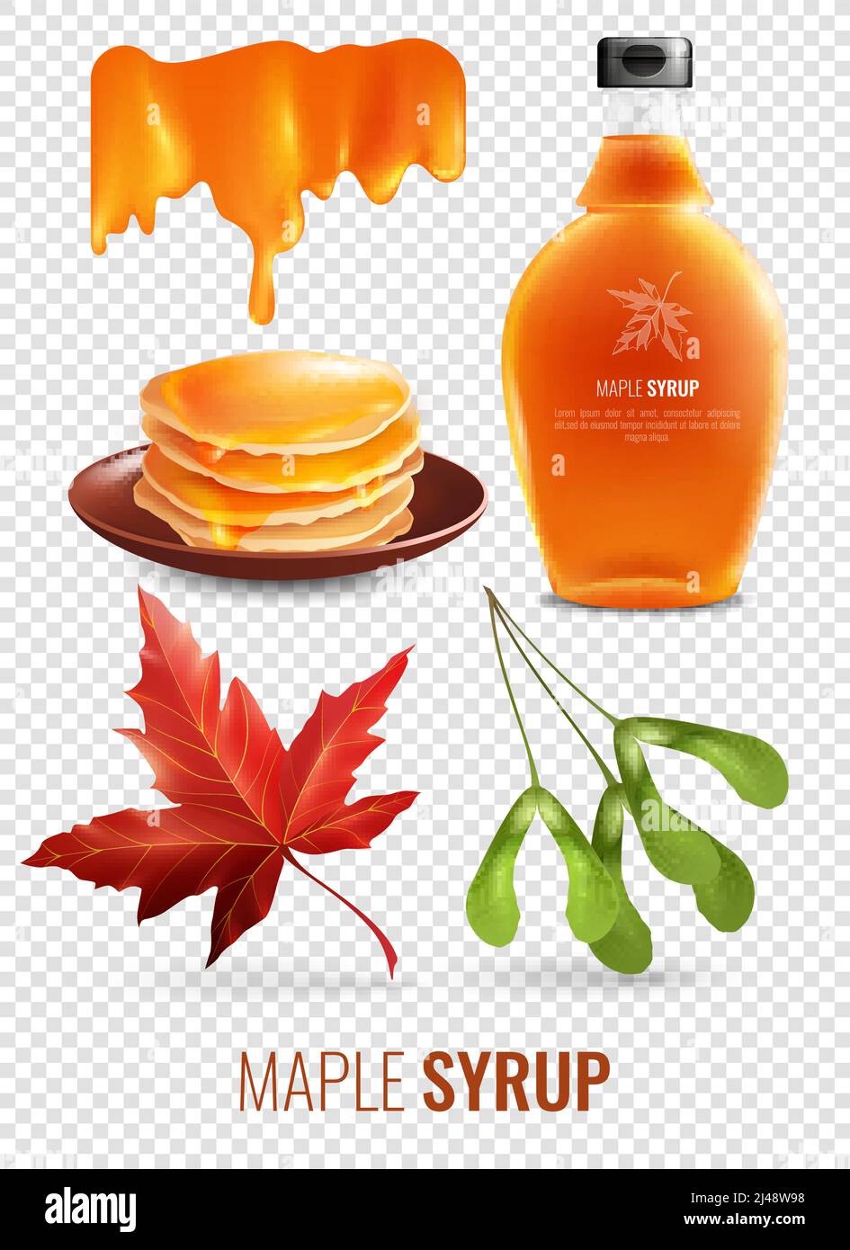 Ahornsirup isolierte Elemente auf transparentem Hintergrund mit rot gesetzt Maple Blatt Pfannkuchen und Markenglas Flasche Vektor-Illustration Stock Vektor