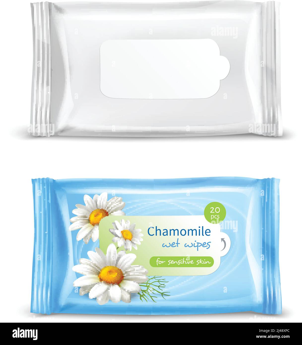 Kamille Wet Wipes Servietten für empfindliche Haut realistisches Paket 2 Ansichten legt isolierte Vektordarstellung fest Stock Vektor