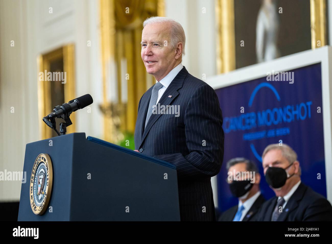 WASHINGTON DC, USA - 02. Februar 2022 - US-Präsident Joe Biden hält am Mittwoch, den 2. Februar 2022, bei einer Veranstaltung im Rahmen des Krebsmonoins im Osten von R eine Rede Stockfoto
