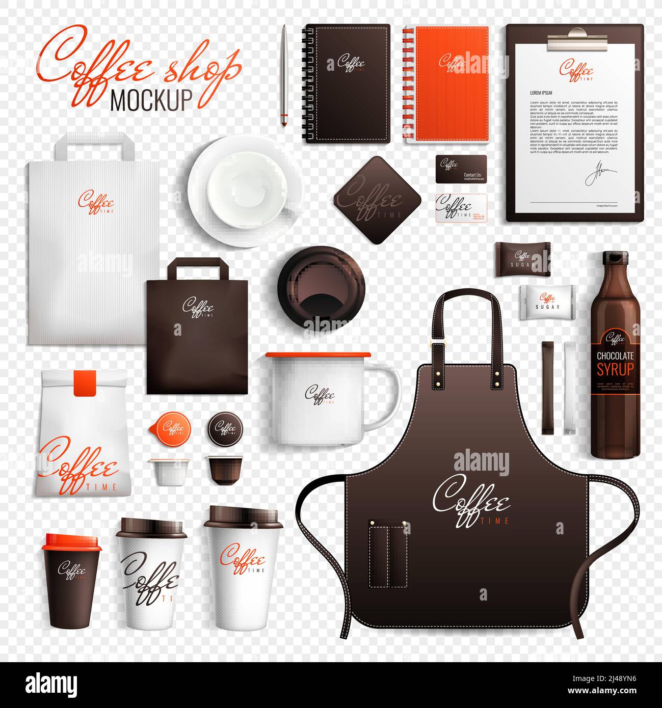 Mockup Coffee Shop Design Branding Elemente auf transparentem Hintergrund gesetzt Mit isolierten Bildern von Waren Artikel Vektor Illustration Stock Vektor