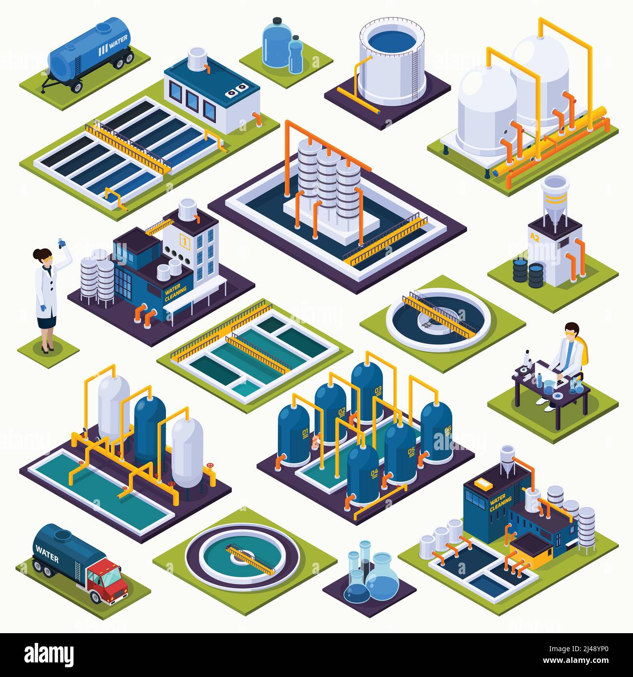 Wasserreinigung Satz von isometrischen Symbolen mit Einrichtungen der Kläranlage, Labortest, Transport isoliert Vektor Illustration Stock Vektor