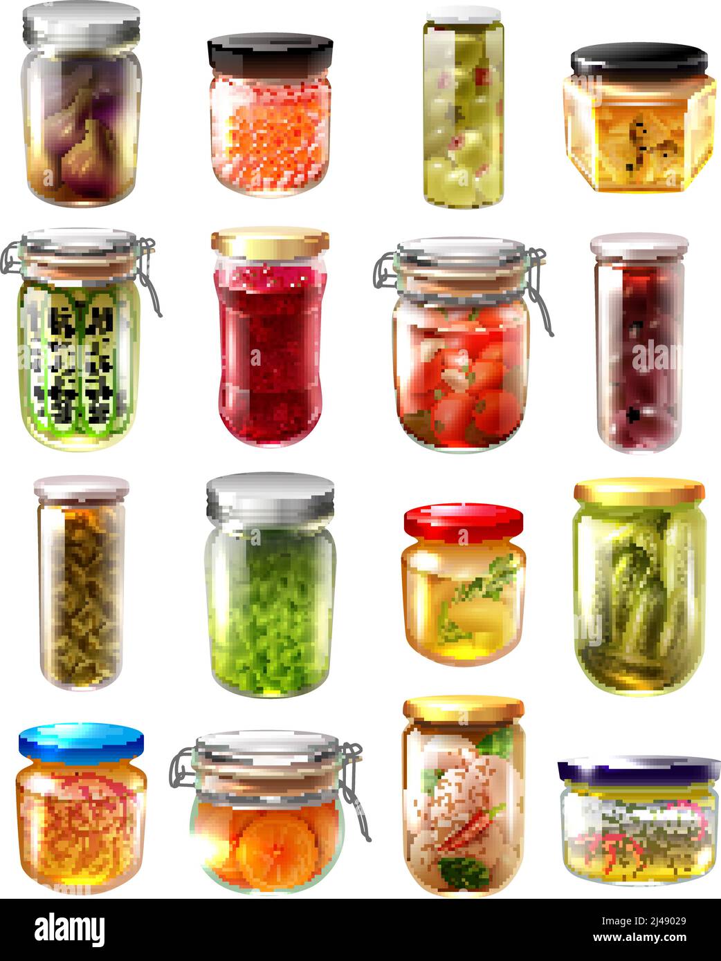 Set von Konserven in Gläsern mit Fruchtkonfitüre, eingelegtes Gemüse, Fisch, Kaviar isoliert Vektor-Illustration Stock Vektor