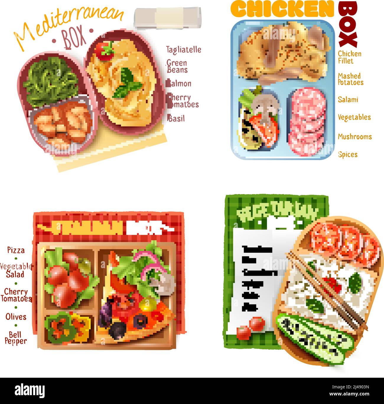 Design-Konzept mit mediterranen, italienischen, vegetarischen und Huhn-Box Mittagessen mit Zutaten Liste isoliert Vektor-Illustration Stock Vektor