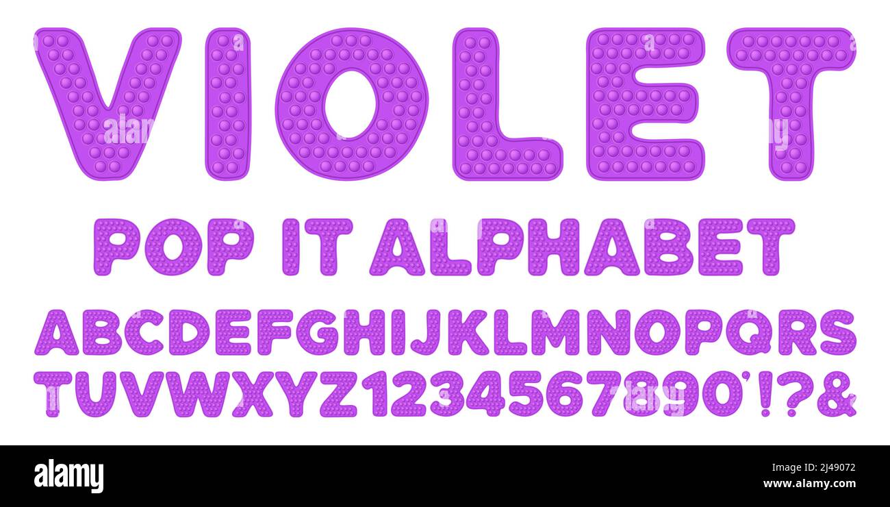 Violettes popit-Alphabet und Zahlen im Fidget-Spielzeugstil. Pop it Schriftdesign als trendiges Silikonspielzeug für Fidget in knallvioletter Farbe. luftblasenlette Stock Vektor