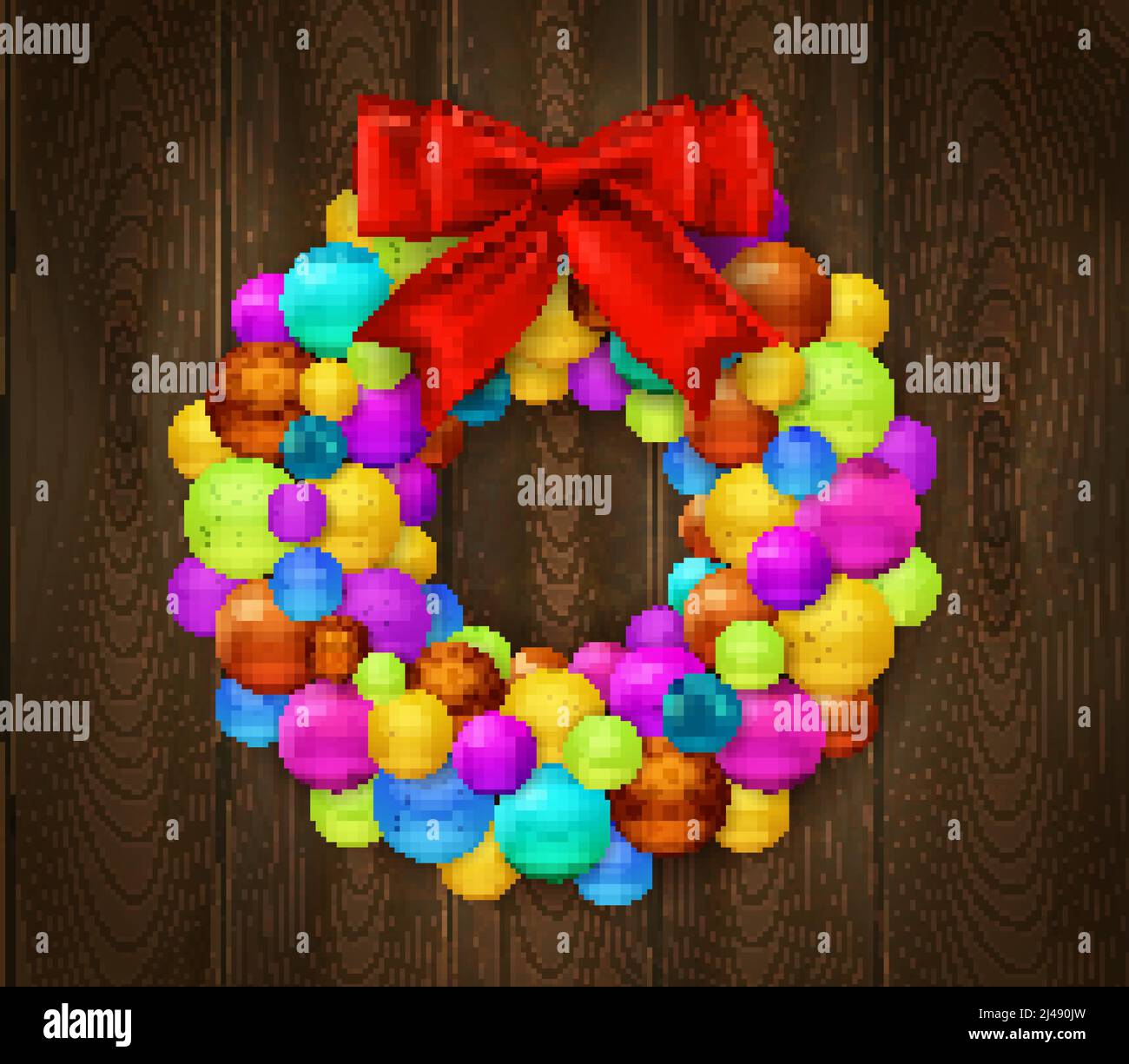 Festlicher Hintergrund mit Fragment der hölzernen Tür von Kranz verziert Aus bunten weihnachtskugeln und roten Bogen realistische Vektor Abbildung Stock Vektor