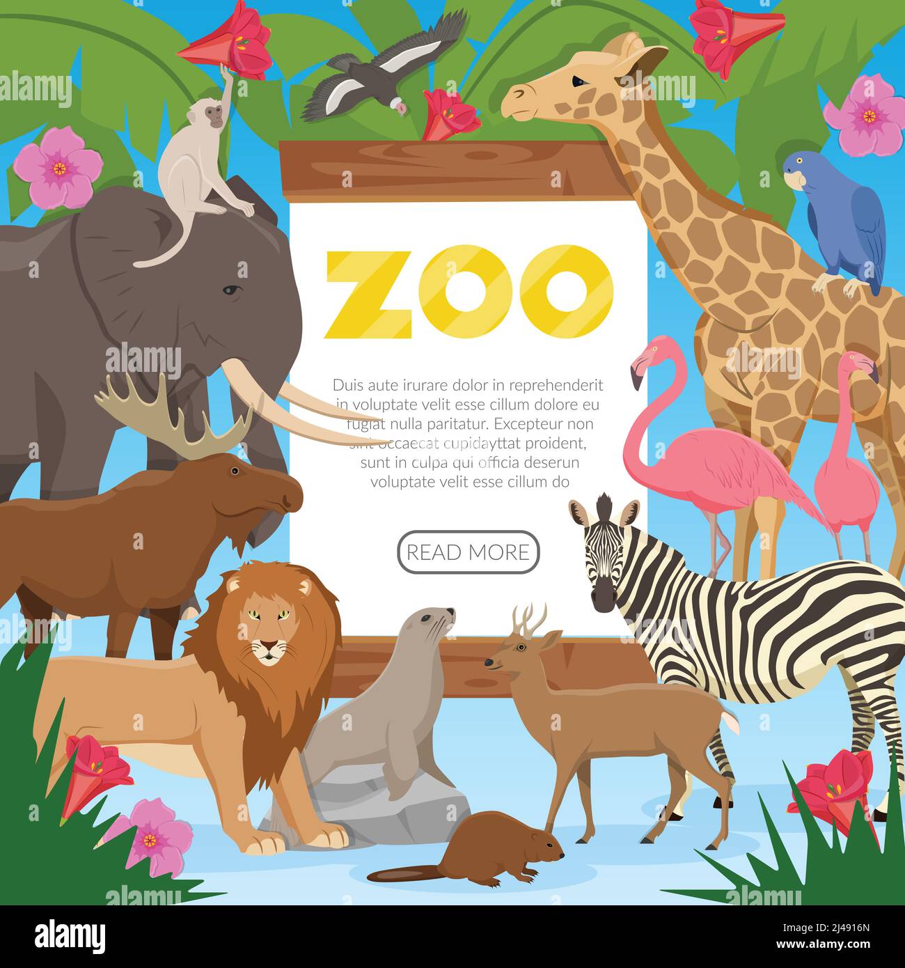 Zoo Poster mit Cartoon-Sammlung von exotischen Wildtieren Bewohner Von tropischen Dschungel Savanne und Tundra flache Vektor-Illustration Stock Vektor