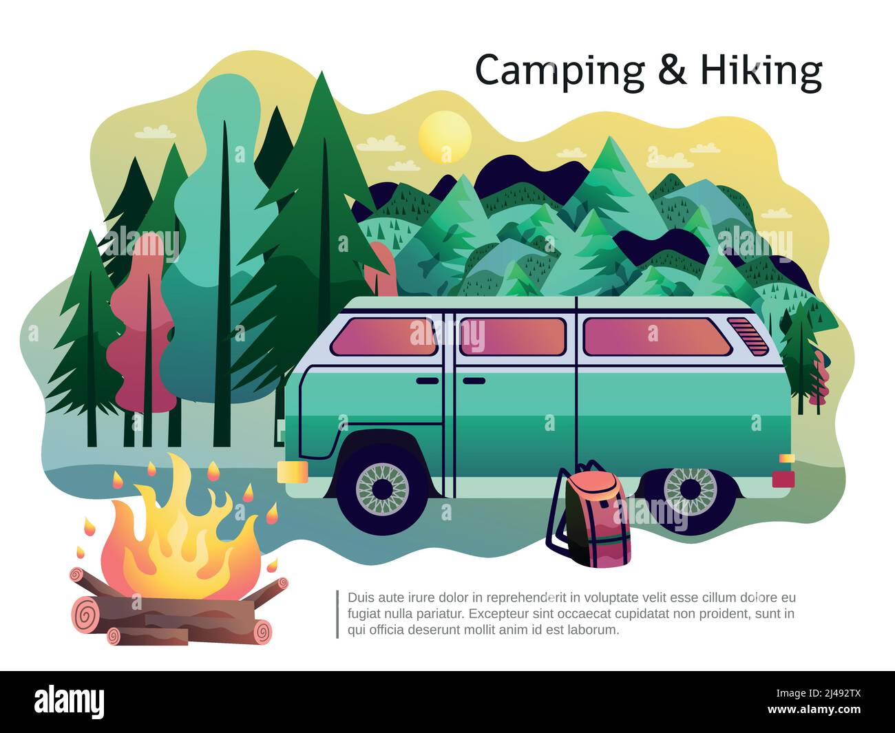 Camping Wandern Urlaub Abenteuer Poster mit offenem Feuer Freizeitfahrzeug Und Wald im Hintergrund abstrakte Vektor-Illustration Stock Vektor