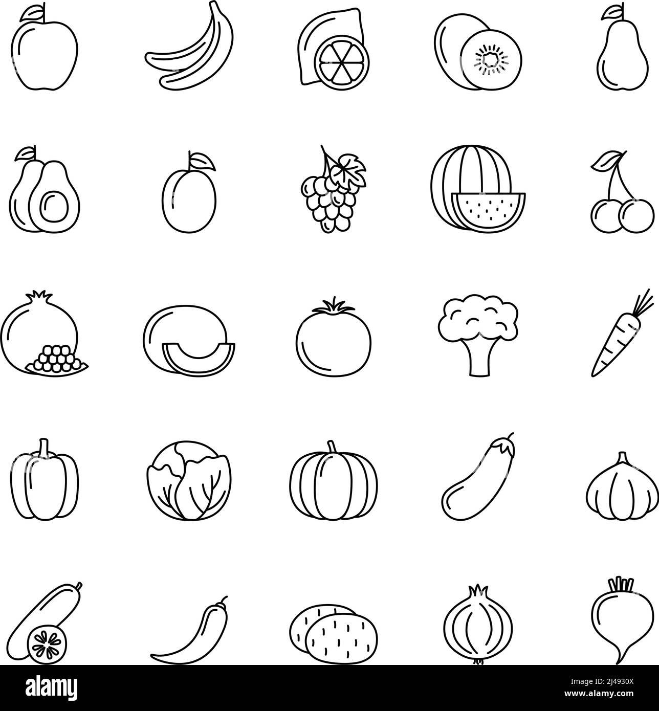 Satz von Liniensymbolen für Gemüse, Obst und Beeren auf weißem Hintergrund, Vektorgrafik Stock Vektor