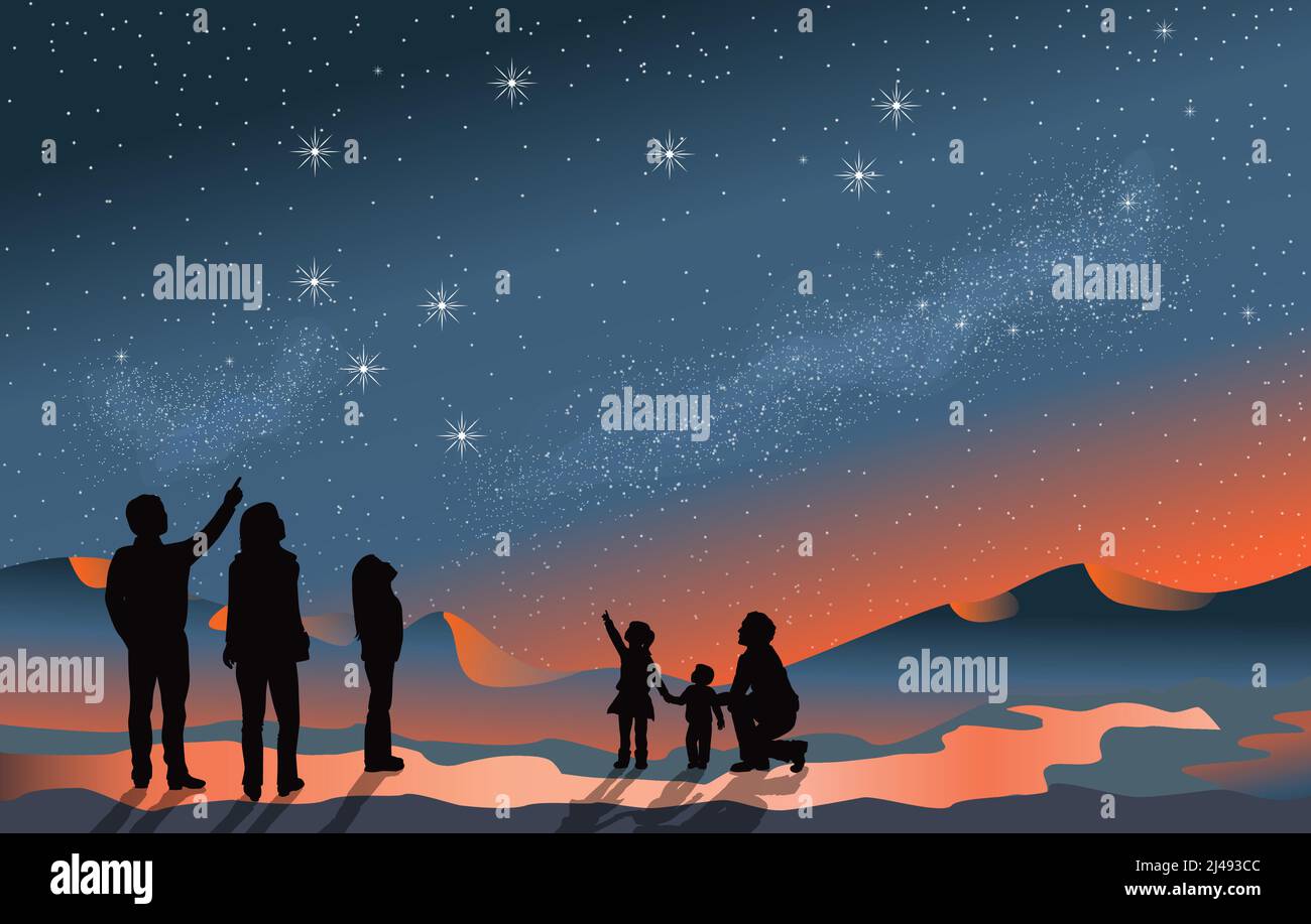 Sternenbeobachtung Blick auf dunkle Matariki New Zealand Maori Neujahr Himmel Sterne. Eine Gruppe von Menschen Familie und Freunde mit Mann Frau und Kinder Stock Vektor