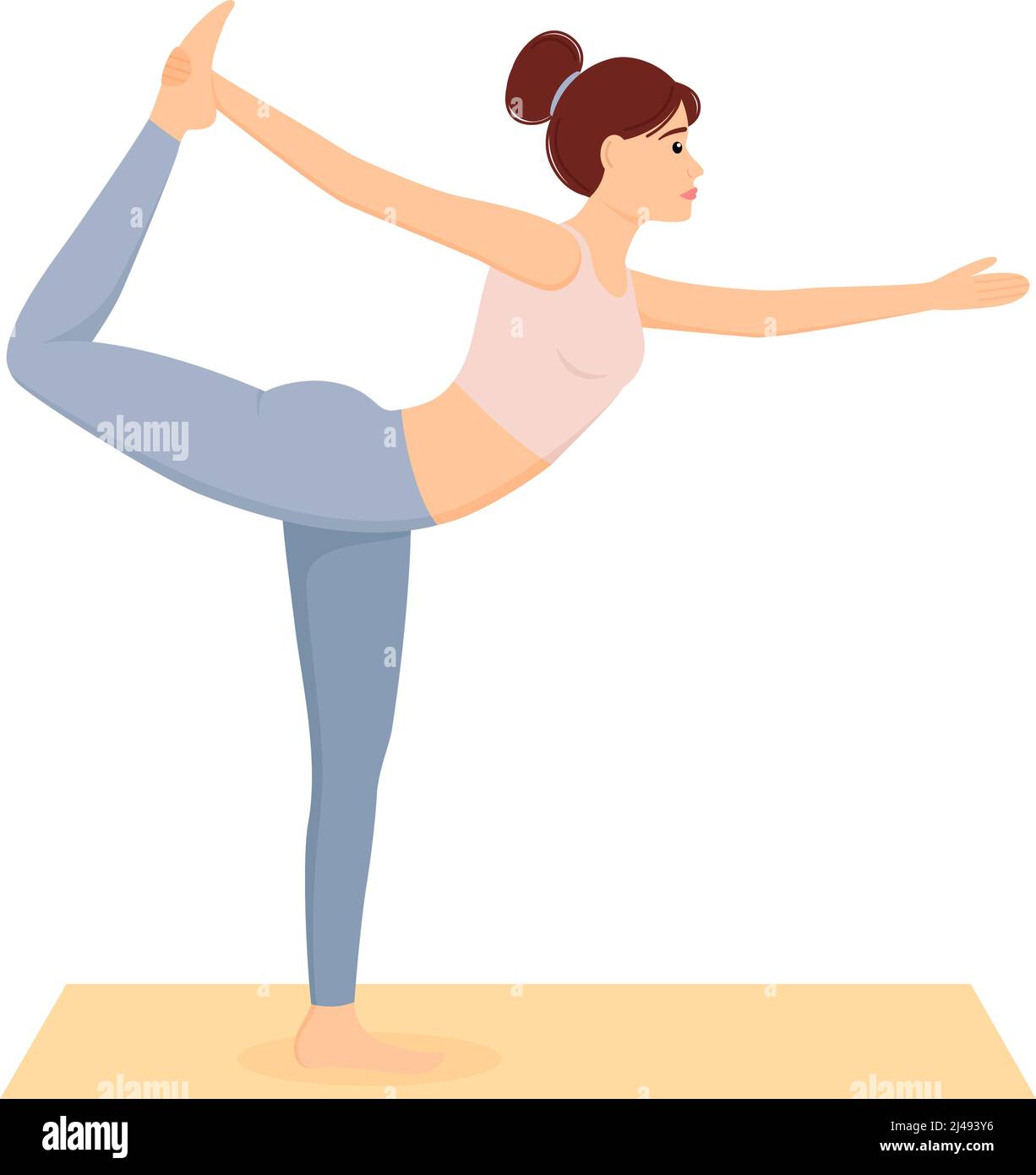 Frau, die in Natarajasana-Pose steht. Mädchen macht Pilates, Fitness und Yoga-Übungen auf Matte. Gesunder Lebensstil. Heimtraining, Vektorgrafik Stock Vektor