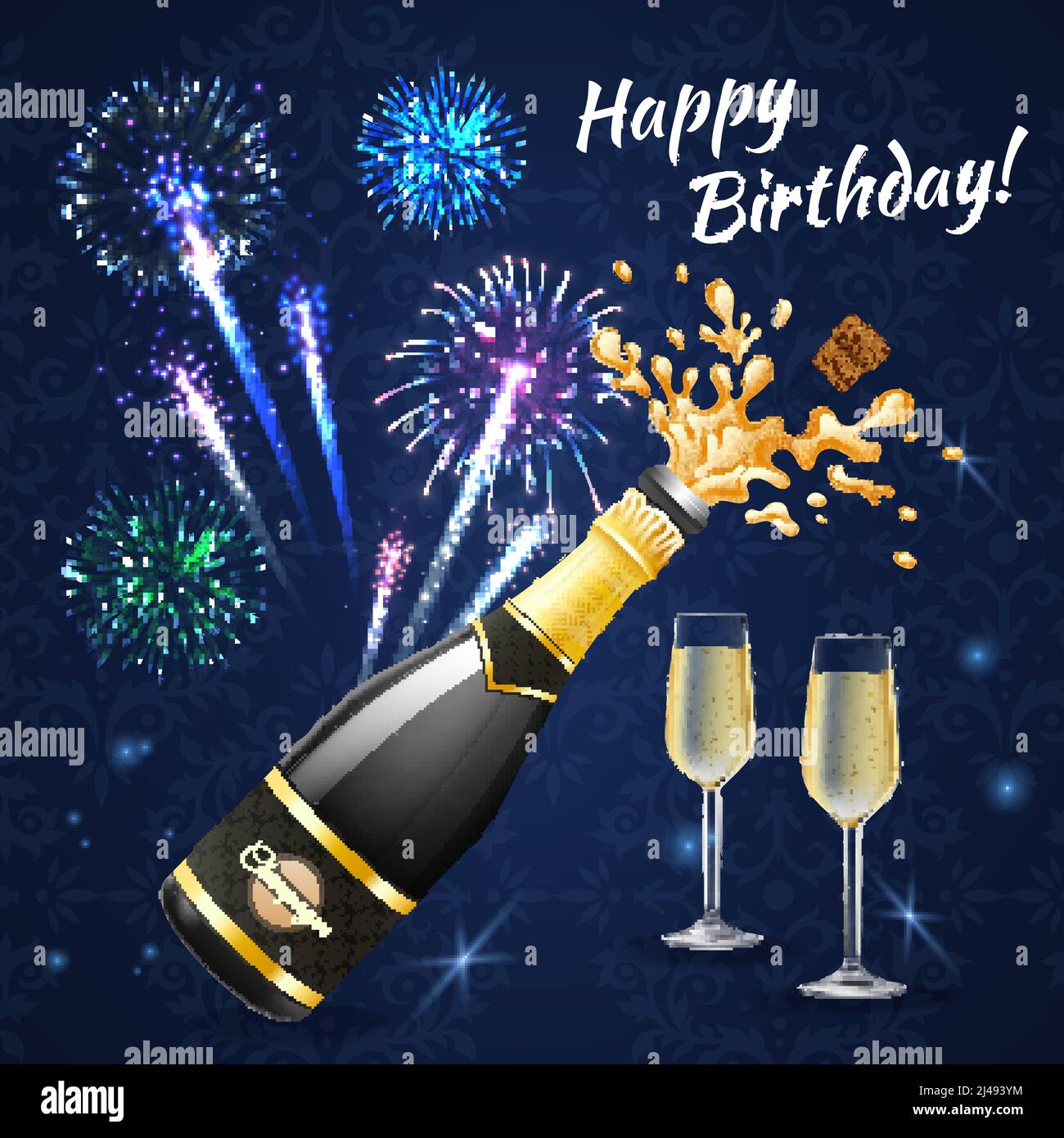Feuerwerk Komposition der gratulatorischen Inschrift mit Bildern von Champagnergläsern Flasche und buntes Feuerwerk auf verzierten Hintergrund Vektor-Illust Stock Vektor