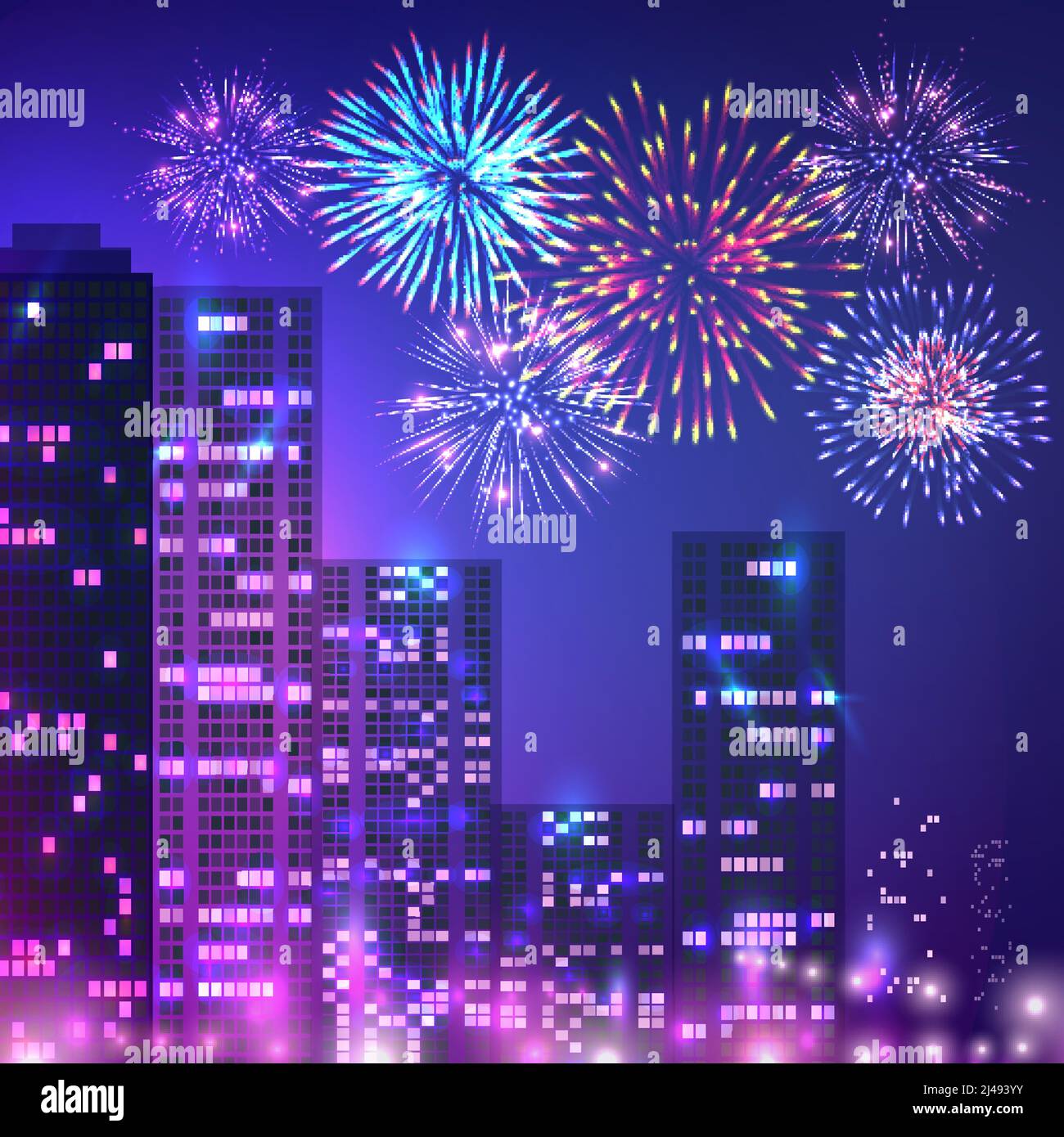 Feuerwerk Zusammensetzung der städtischen Landschaft mit mehrstöckigen Gebäuden Wohnhäuser Und Feuerwerk am Nachthimmel Vektor-Illustration Stock Vektor