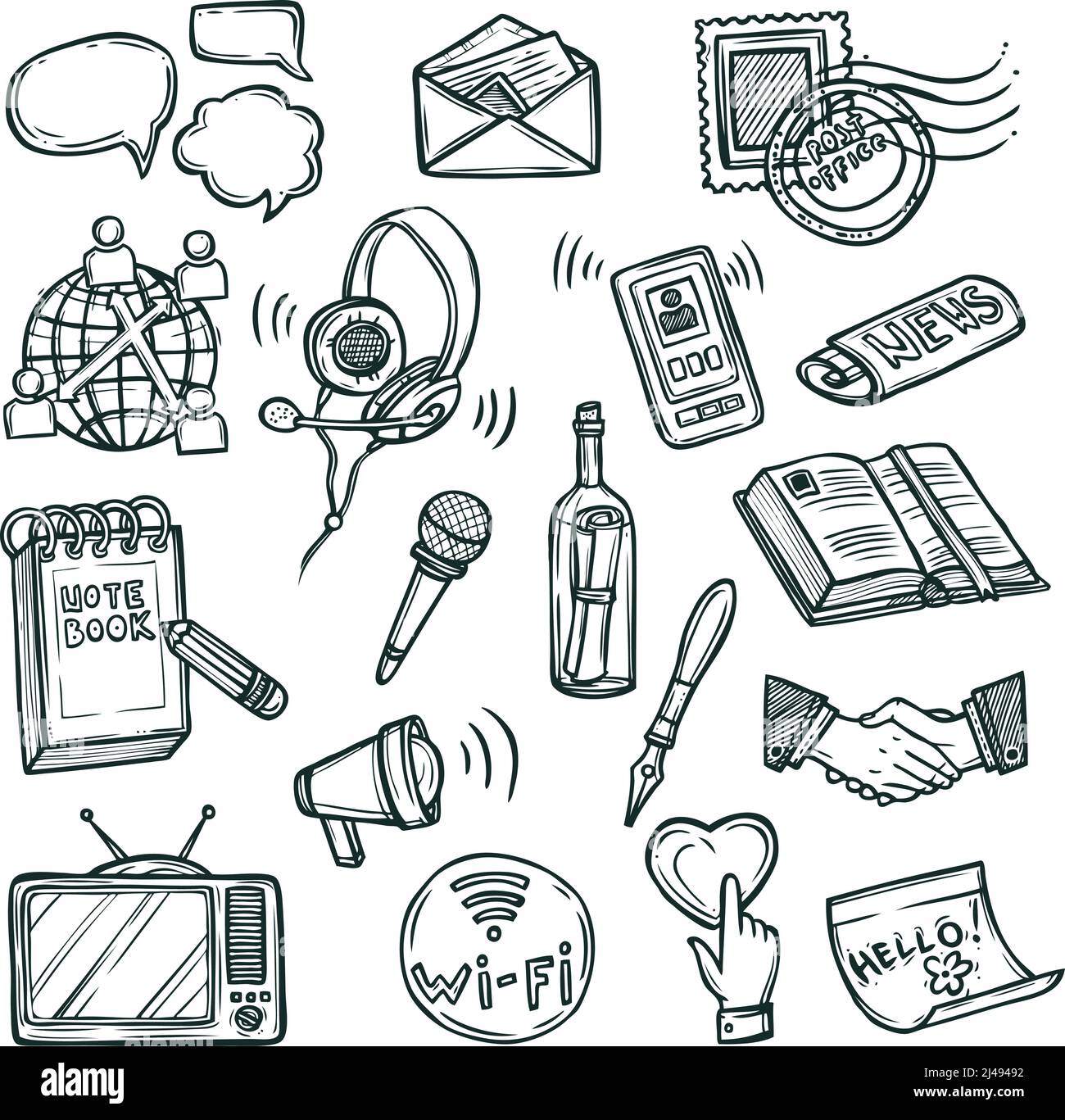 Kommunikation Doodle dekoratives Icon Set mit Handy Notebook Handshake Symbole isolierte Vektordarstellung Stock Vektor