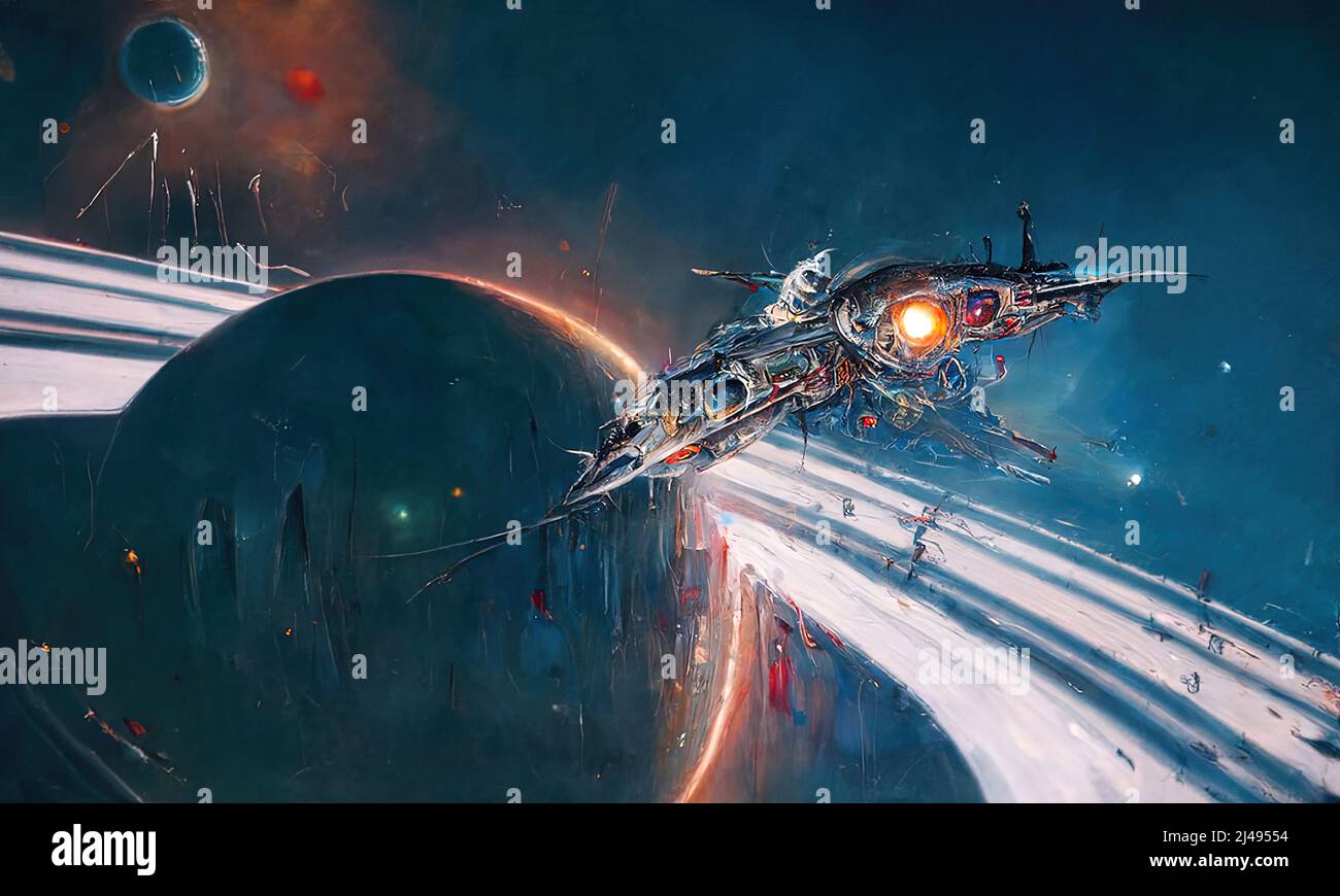 Ein Raumschiff reist mit Lichtgeschwindigkeit in ferne Galaxien und Welten und entdeckt neue Sterne und Planeten, Stockfoto